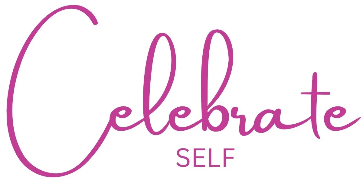 The image features the phrase 'Celebrate Self' written in purple script font on a white background.