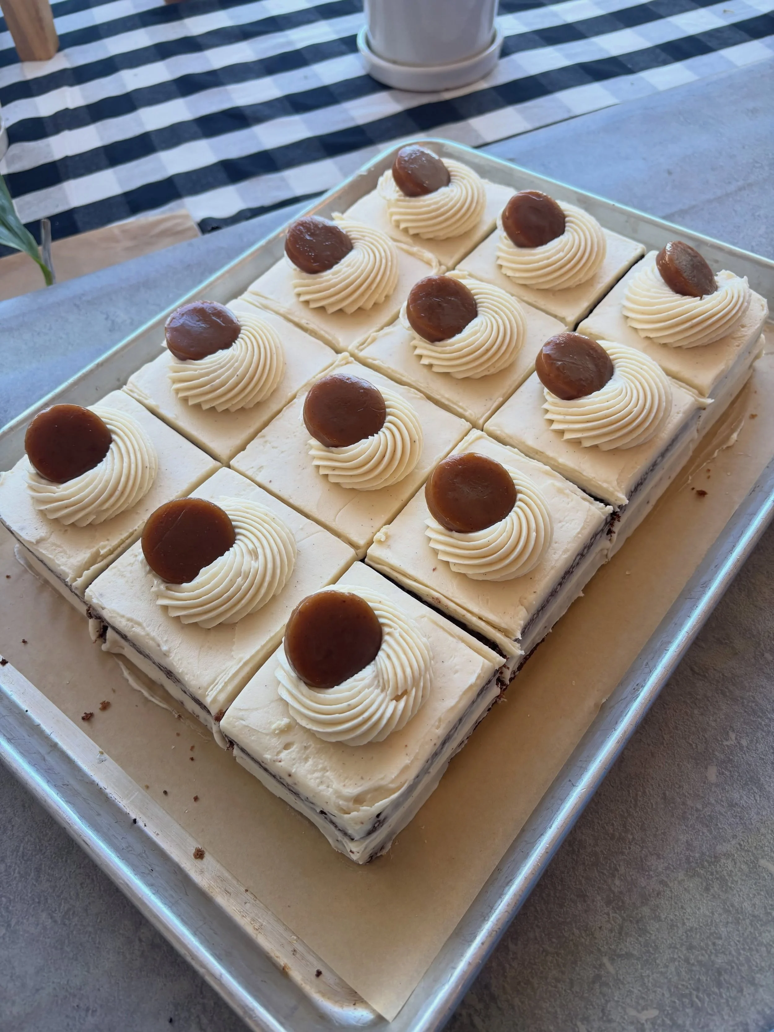 Another creation from @jkauffs . Apple cider cake with a brown butter cream cheese topped with an apple cider caramel 😘🍎🍎🍏🍎

Slices until they last. 

#southorange #southorangenj #somanj #maplewood