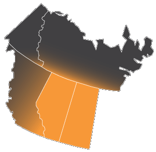 Alberta, southeast B.C. (Cranbrook and surroundings), northeast B.C. (Fort St. John and surroundings), Saskatchewan (some lines), Yukon and the Northwest Territories.