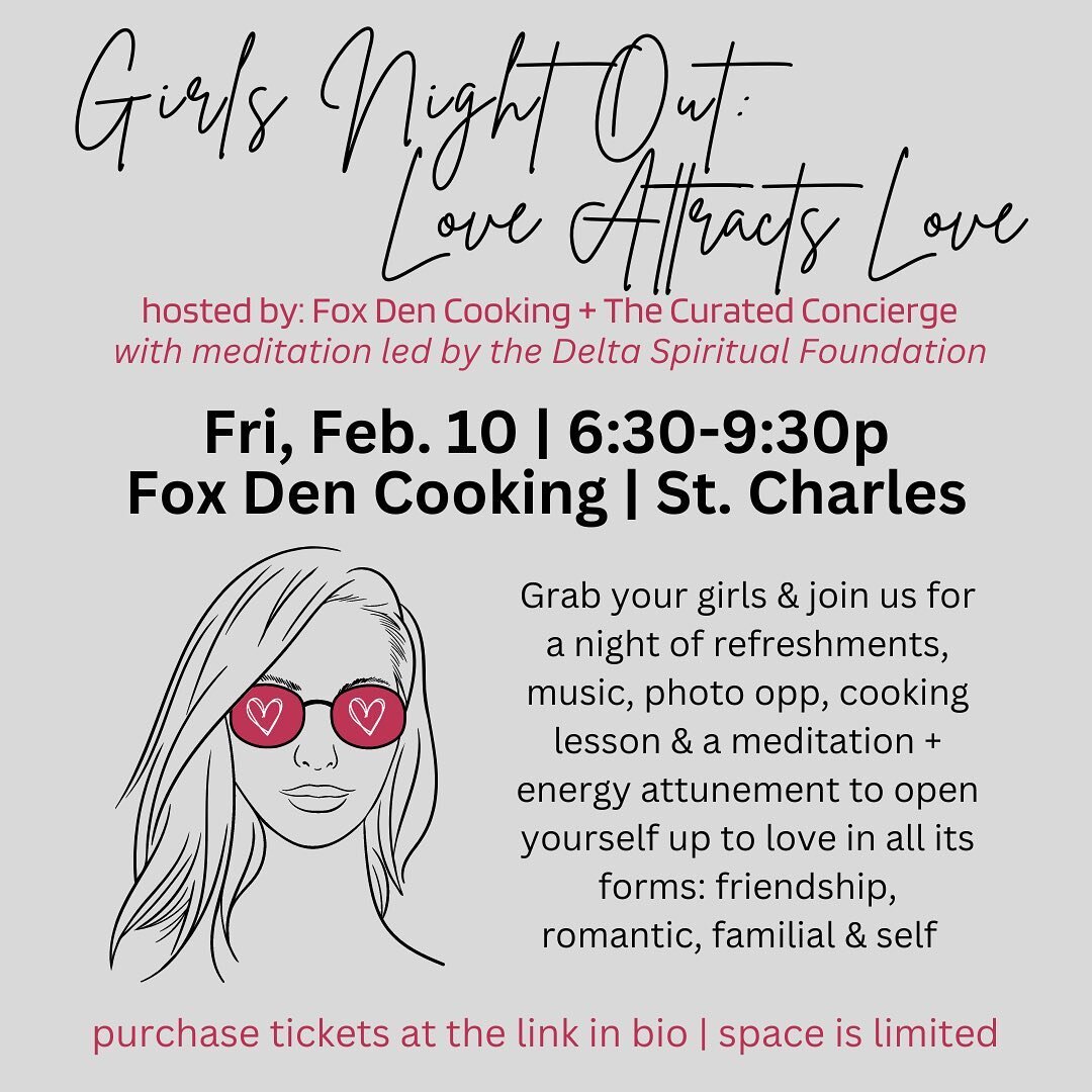 Come celebrate the season of love with your favorite girls at this exclusive LOVE ATTRACTS LOVE event✨ 
🖤cooking lesson led by @foxdencooking 
🖤meditation &amp; energy attunement led by @delta.foundation 
🖤plus refreshments, music &amp; a fun phot