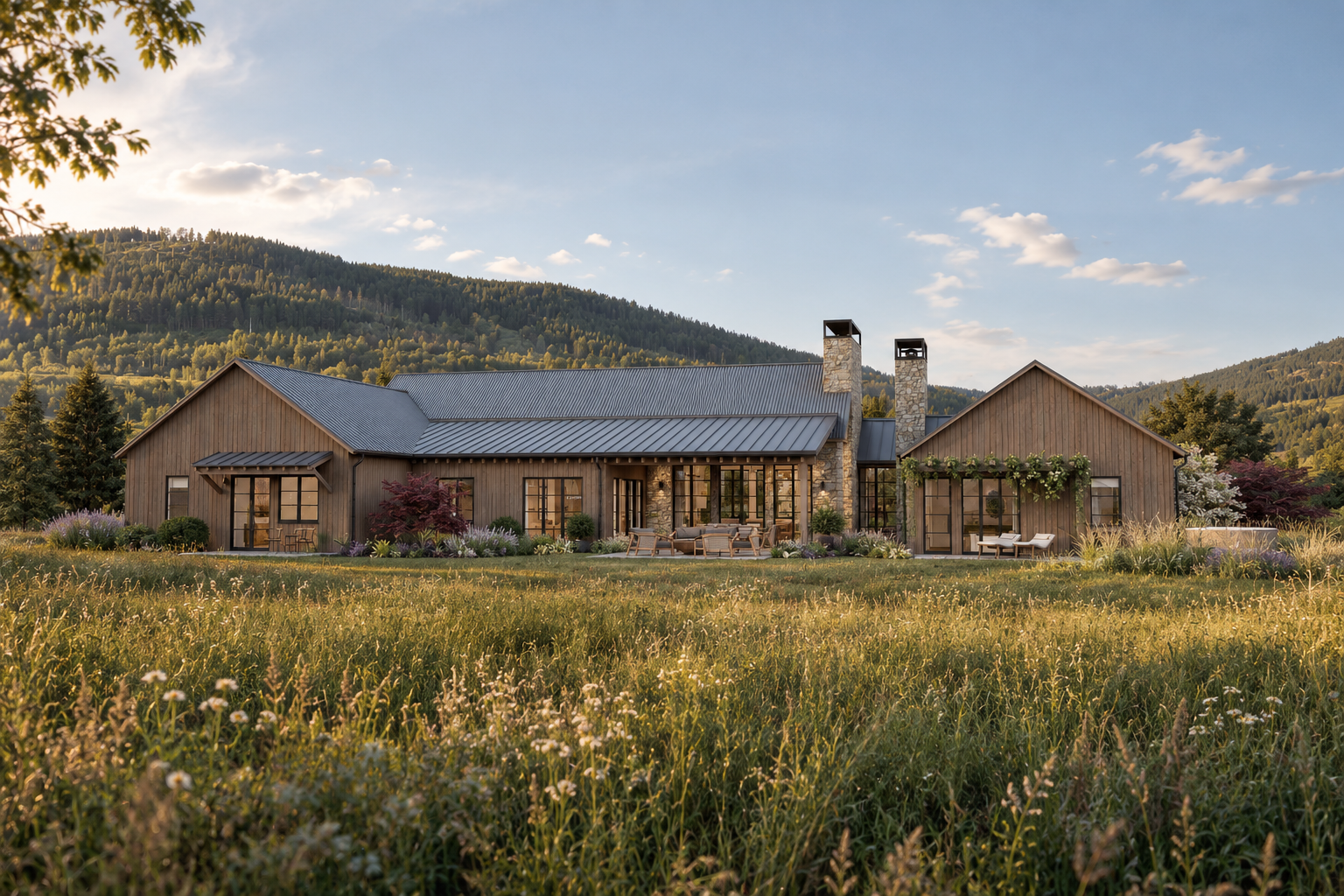 Modern Rustic Mountain Lodge at Golden Hour.png