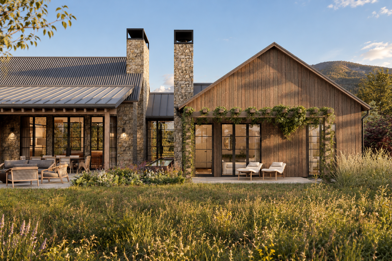 Modern Rustic Mountain Retreat at Golden Hour.png