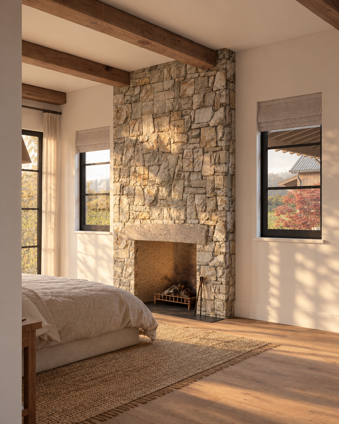 Sunlit Rustic Bedroom Fireplace.png