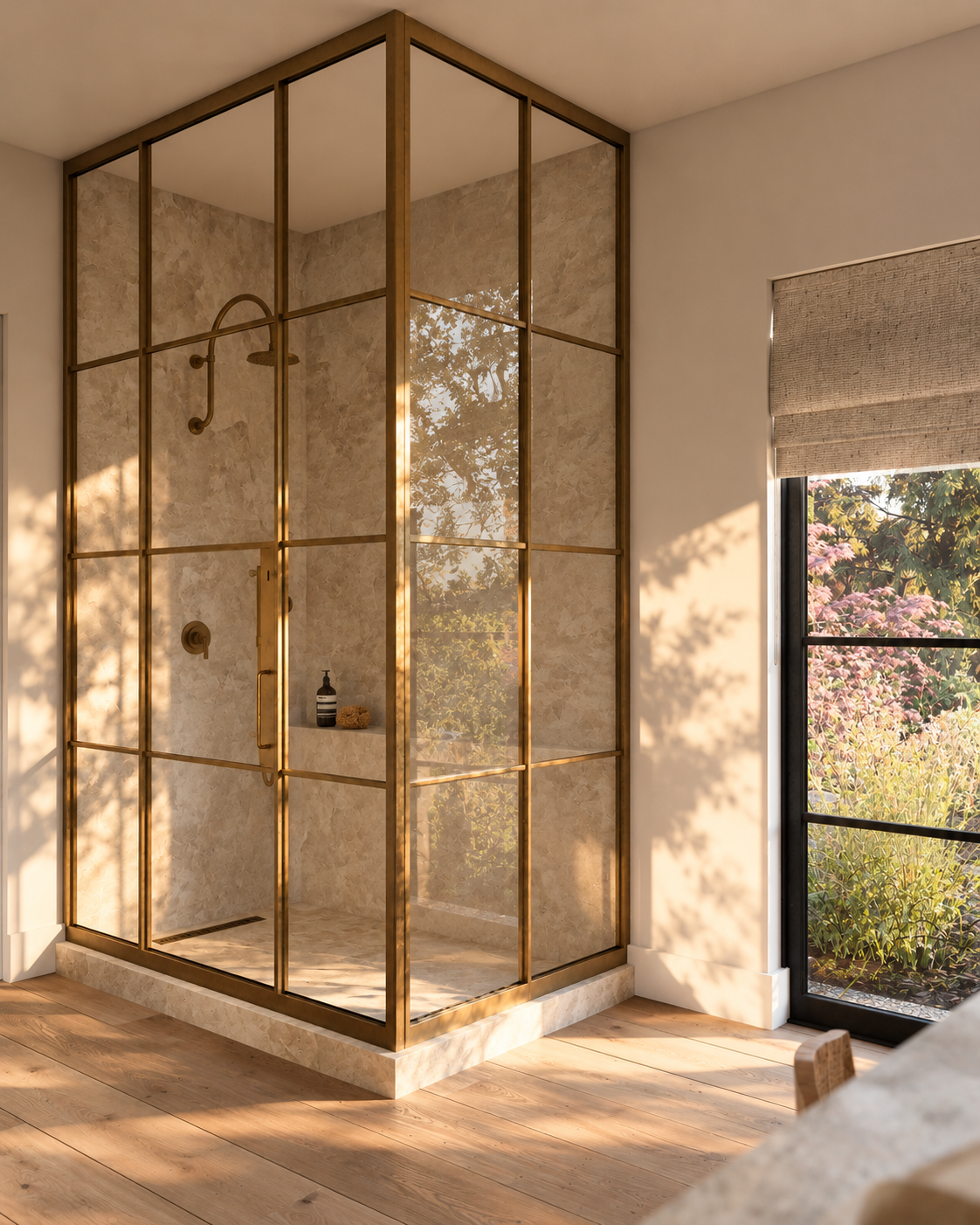 Sunlit Brass-Grid Walk-In Shower.png
