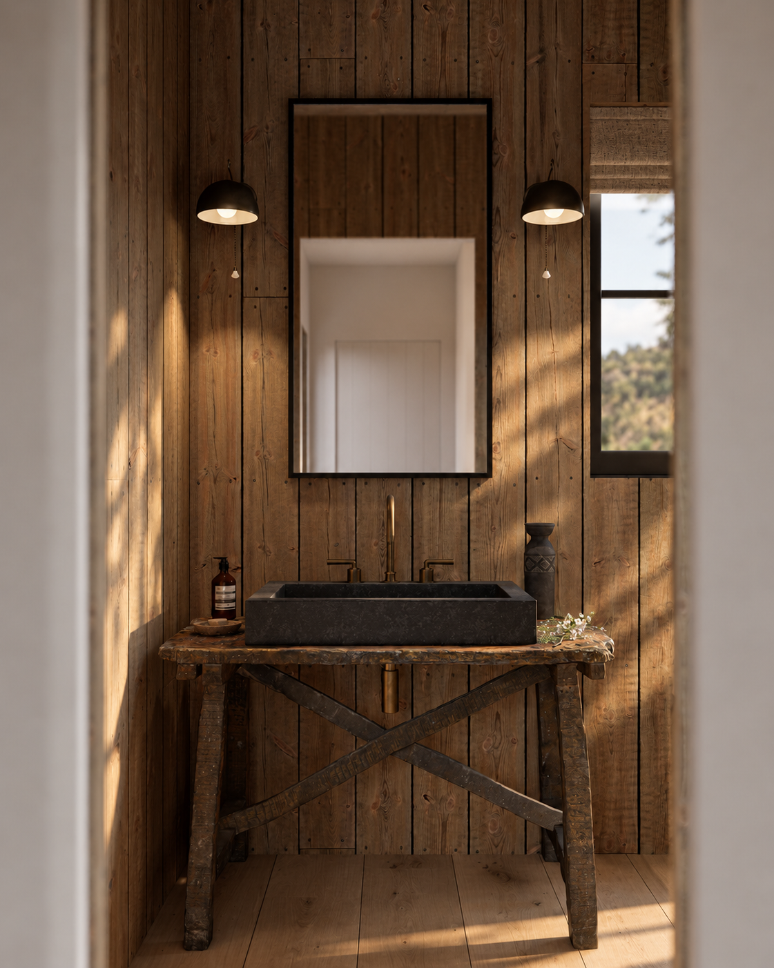 Rustic Wood Vanity with Warm Sconces.png