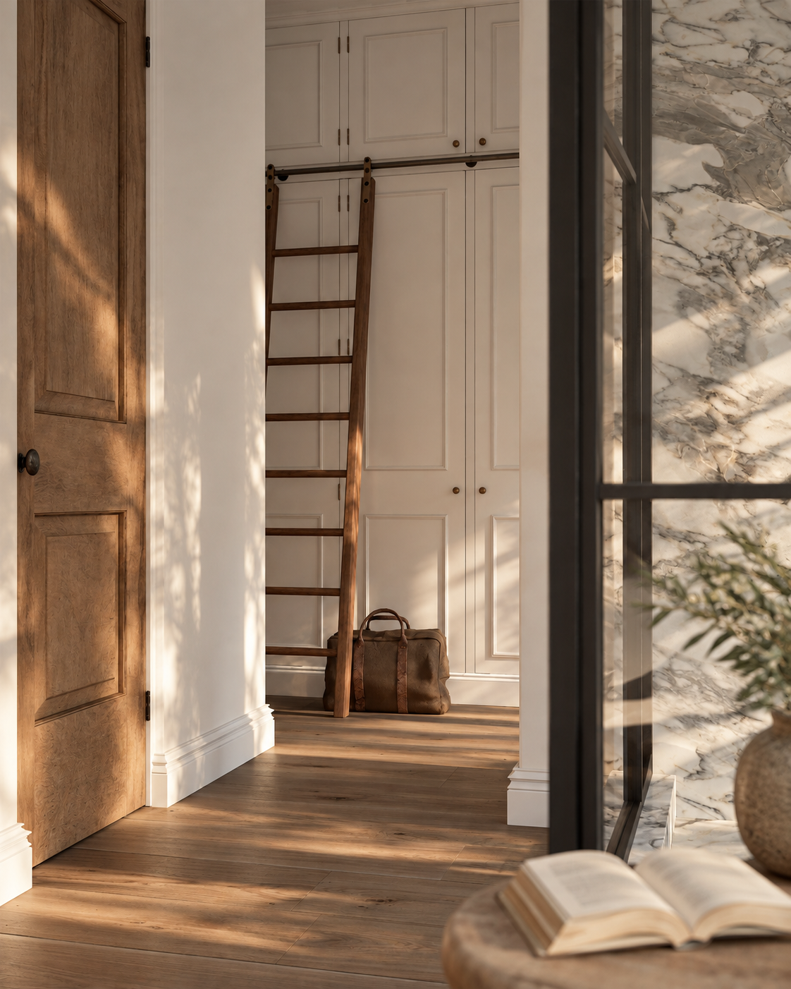 Sunlit Rustic Hallway with Library Ladder.png