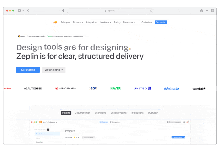 Screenshot of a website homepage for Zeplin, showing navigation menus, a tagline about design tools, and logos of companies.