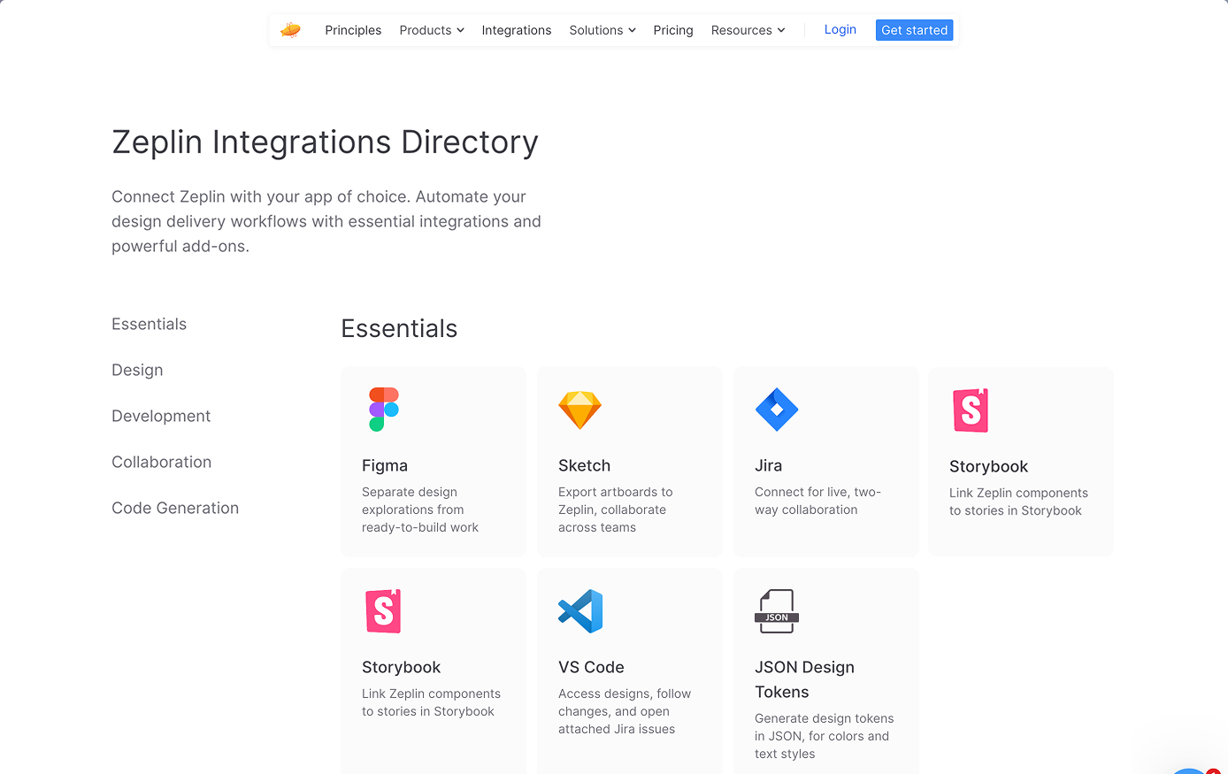 Zeplin integrations directory webpage showing various tools such as Figma, Sketch, Jira, Storybook, VS Code, and JSON Design Tokens with their descriptions.