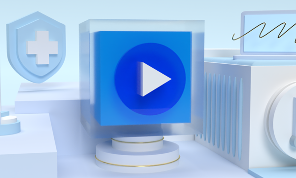 A play button on display surrounded by a security shield and laptop.