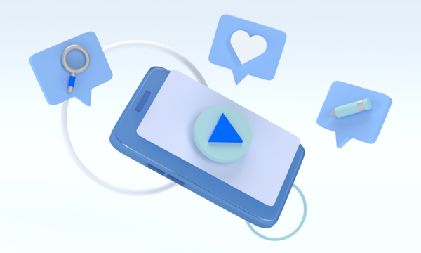 Smartphone with video play icon on screen surrounded by social media icons including a search icon, like button, and edit button.