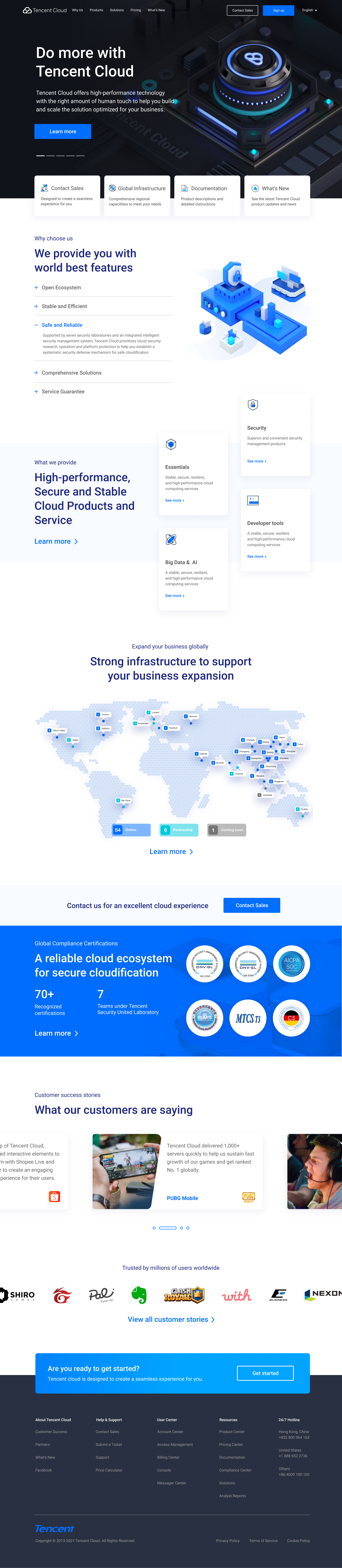 Screenshot of Tencent Cloud's webpage promoting cloud computing services, features include security, developer tools, large data, global infrastructure, customer stories, certifications, and a call to action to get started.