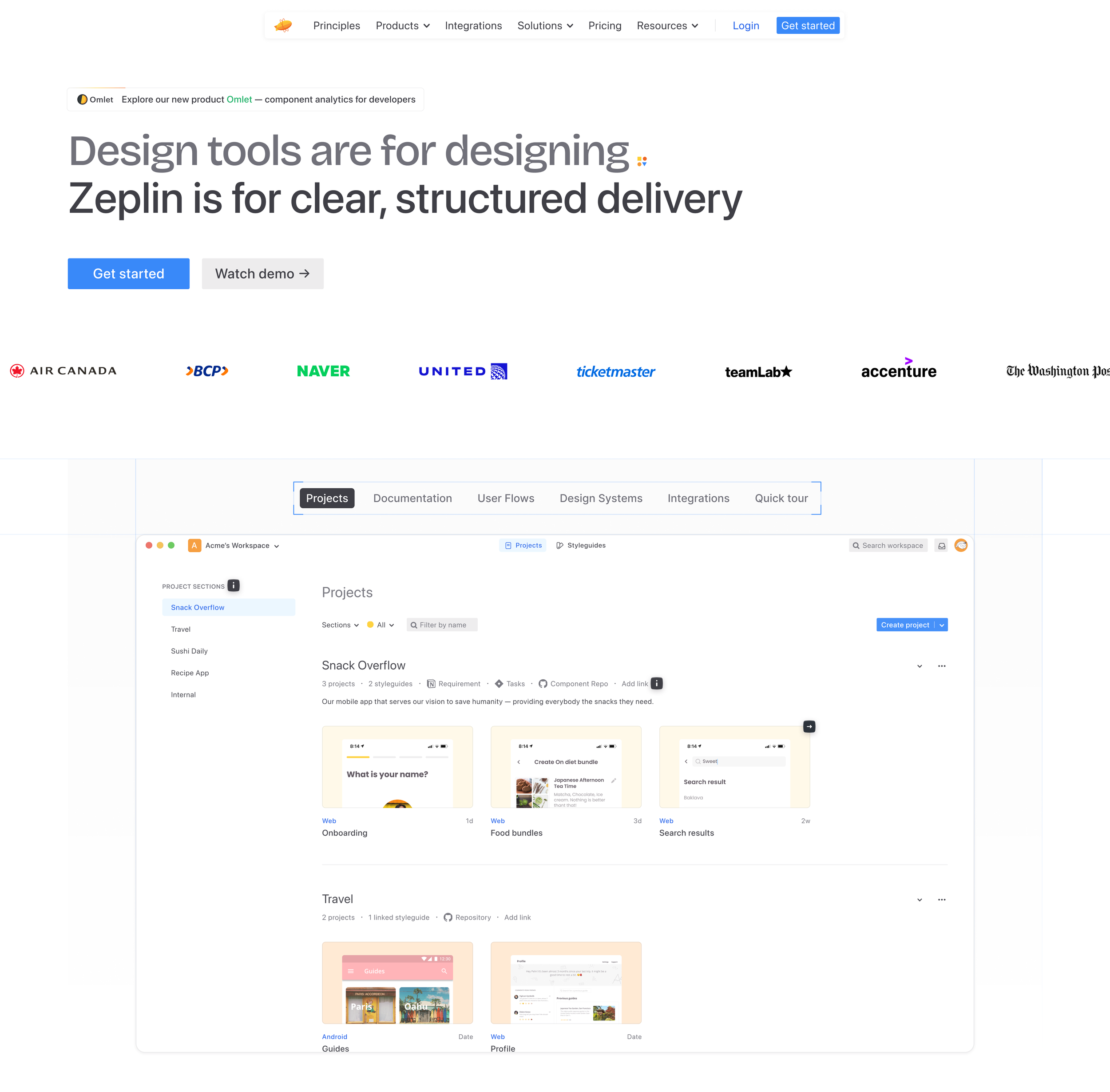 Screenshot of a webpage showcasing a design tool platform featuring navigation menu, logo, and client logos. The webpage promotes structured delivery for design projects with options to get started or watch a demo, and displays project management interface with project sections, thumbnails, and descriptions.