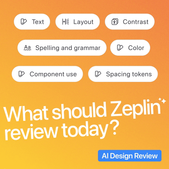 Animation showing an AI Design review tool which can review Text, Layout, Contrast, Spelling and grammar, Color, Component use, and Spacing tokens.