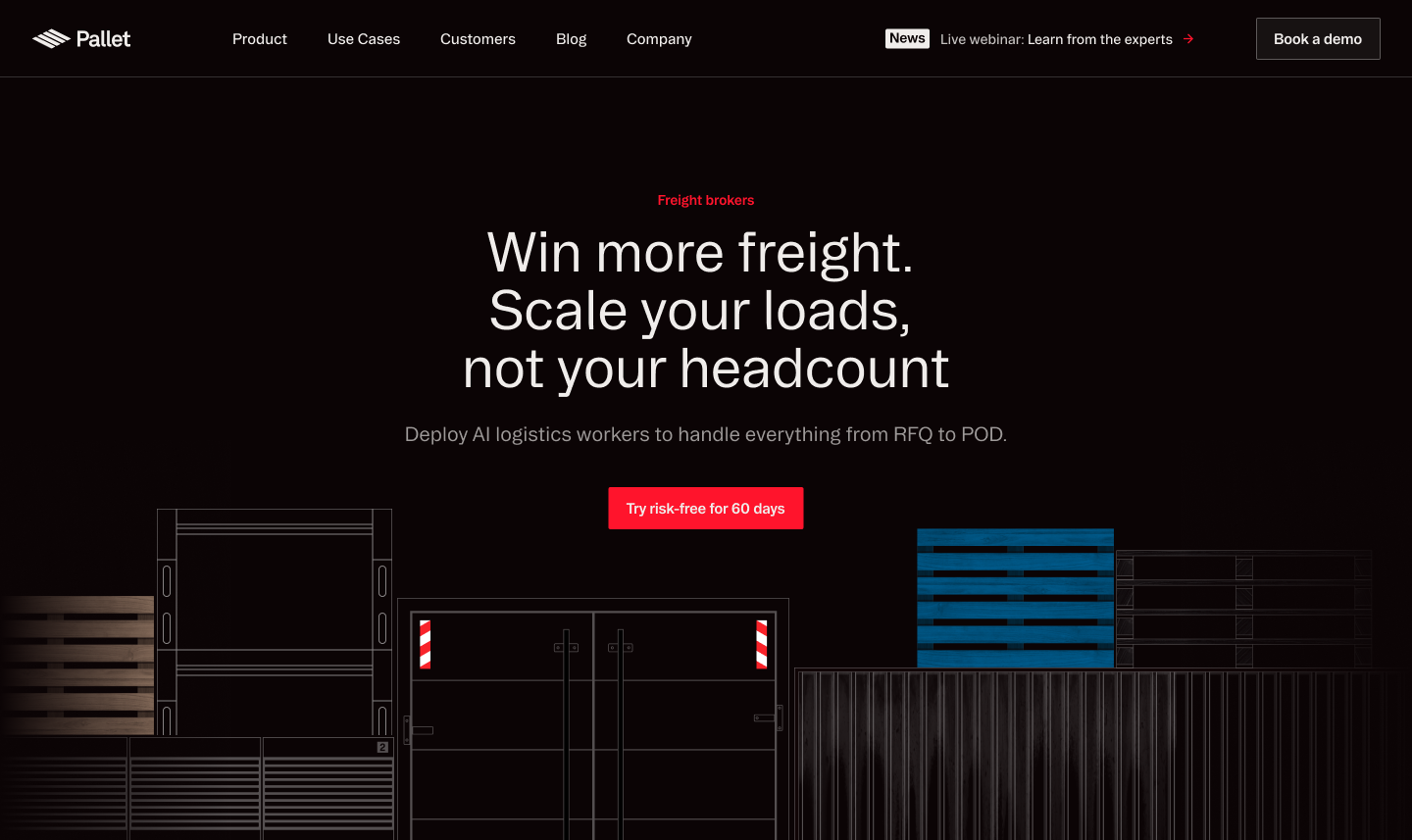 A webpage homepage with a black background, white and red text, and a black header featuring menu options and a news banner. The main message promotes freight logistics using AI technology. Several graphic illustrations of freight containers and pallets are visible at the bottom.