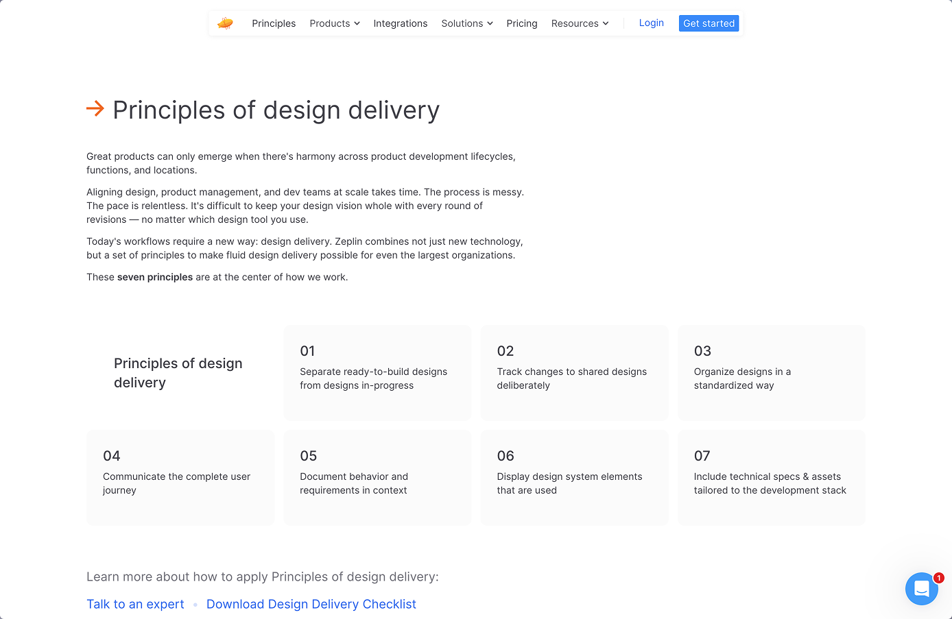 Screenshot of a webpage with the title 'Principles of design delivery', listing seven principles including: 1. Separate ready-to-build designs from designs in-progress, 2. Track changes to shared designs deliberately, 3. Organize designs in a standardized way, 4. Communicate the complete user journey, 5. Document behavior and requirements in context, 6. Display design system elements that are used, 7. Include technical specs & assets tailored to the development stack.