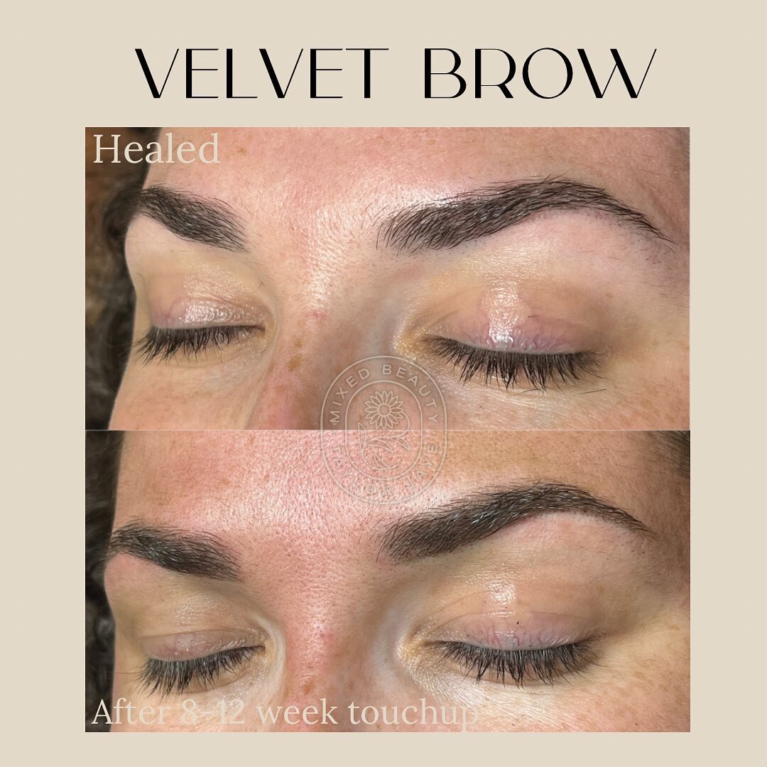 Take a look at how perfect and natural these Velvet Brows healed! We went a little darker this time😍Swipe to see the before to see the subtle but BIG difference! The Velvet Brow is one of our FAVORITES here at Mixed Beauty! We love this photo becaus