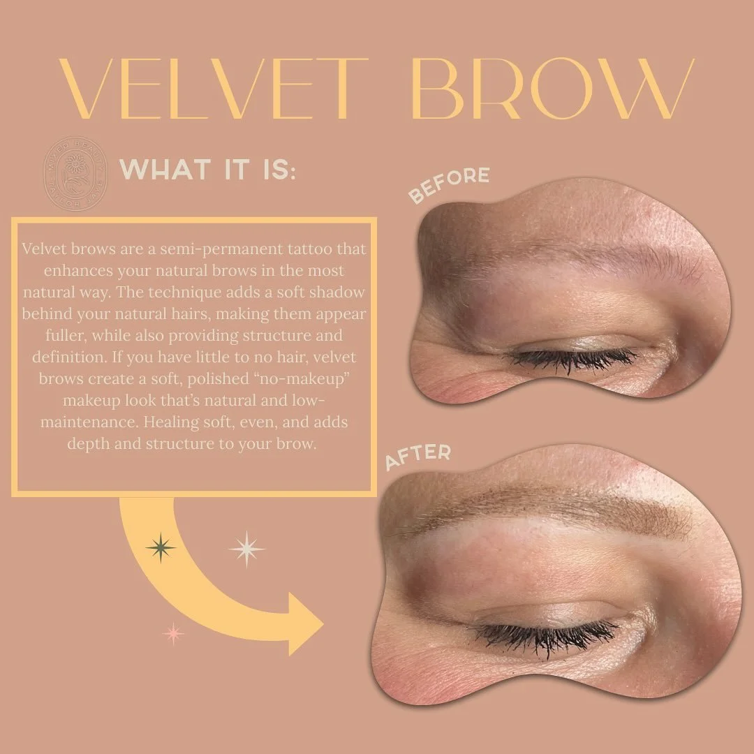 ✨ Velvet Brows: soft, natural, and effortlessly full.
This semi-permanent tattoo adds a subtle shadow behind your natural hairs, making them appear fuller and more defined. If you have little to no hair, velvet brows create a soft, &ldquo;no-makeup&r