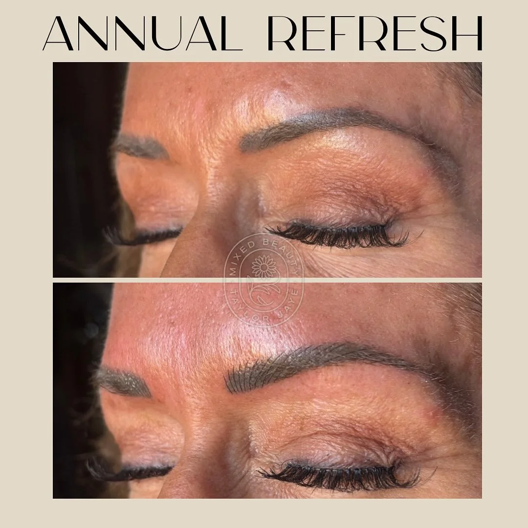 ✨ Annual Refresh ✨
This beauty first came to me back in 2021 with brows done by a different artist. We did an old PMU cover-up: corrected scarring, shape, and color, and completely transformed her look. 💕 Since then, she&rsquo;s had beautiful brows 