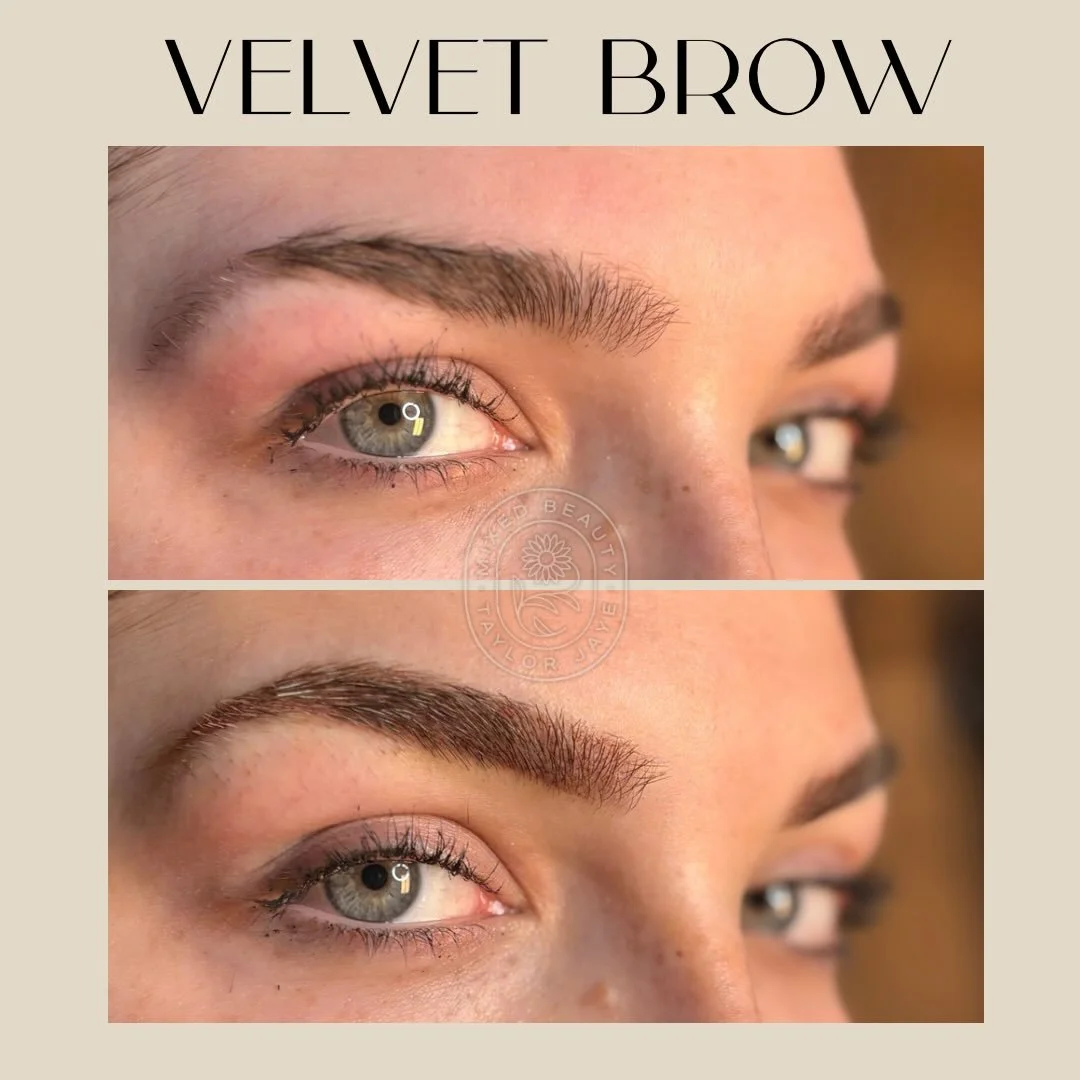 Just because you have dark, coarse brows doesn&rsquo;t mean Velvet Brows aren&rsquo;t for you. Look at how much her eyes POP in the after photo! ❤️
 In this case, her brows were thick, but patchy through the arches and tails, which caused them to los