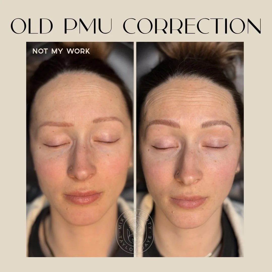 Old PMU doesn&rsquo;t have to be permanent if you&rsquo;re unhappy with it! 

This client came to me with work done by another artist that was uneven and asymmetrical. Her brows sat at different heights and the shape wasn&rsquo;t balanced with her na