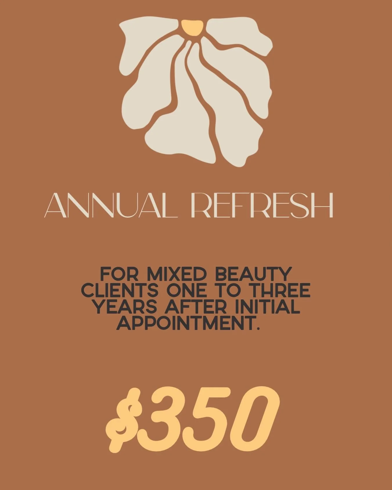 SERVICE HIGHLIGHT ✨ 
ANNUAL REFRESH PRICING

If you&rsquo;ve had your initial appointment with me and are within 1&ndash;3 years, you qualify for my annual refresh pricing of $350.

This applies to: 
&bull; All brow services 
&bull; Sheer Lips 
&bull