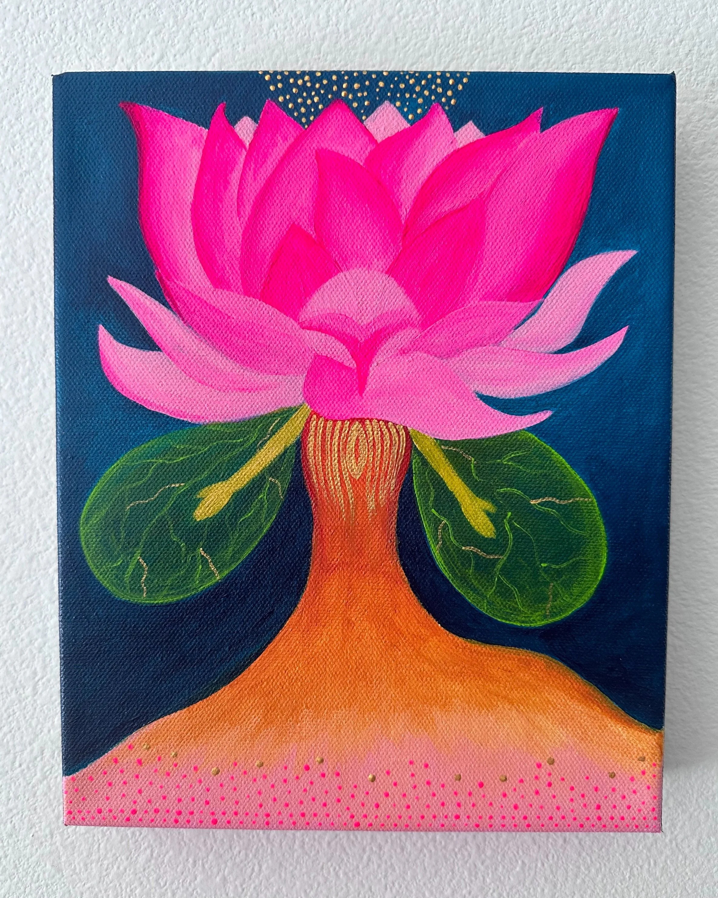 A painting of a pink lotus flower with large green leaves and a brown stem, set against a dark blue background.