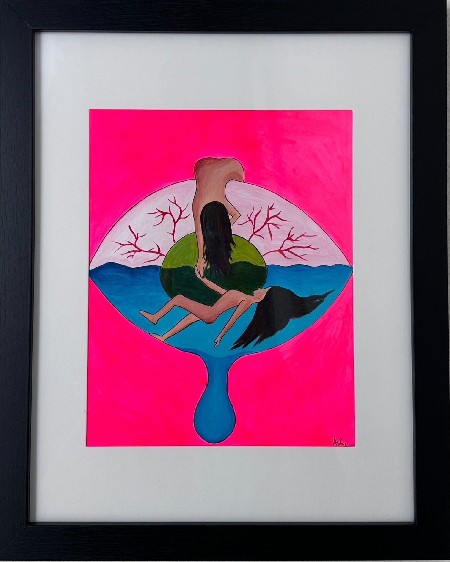A digital illustration of a fetus inside a stylized eye with a pink background. The fetus's head is resting on a green sphere and its body extends into a blue tear or drop at the bottom of the eye. The eye's white area contains leafless red-branched trees, creating an abstract, surreal scene.