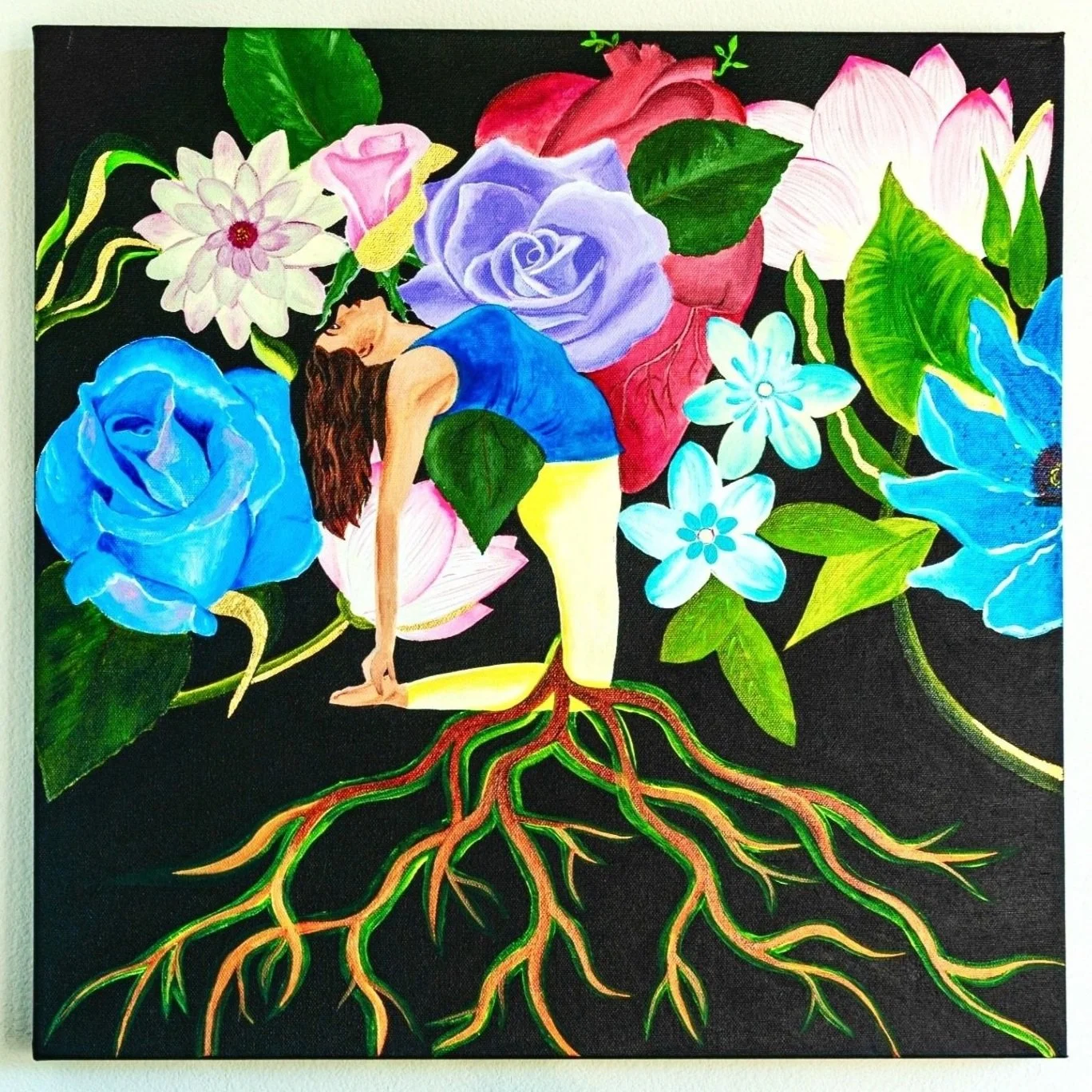 A woman practicing yoga, surrounded by large, colorful flowers and visible roots on a black background.