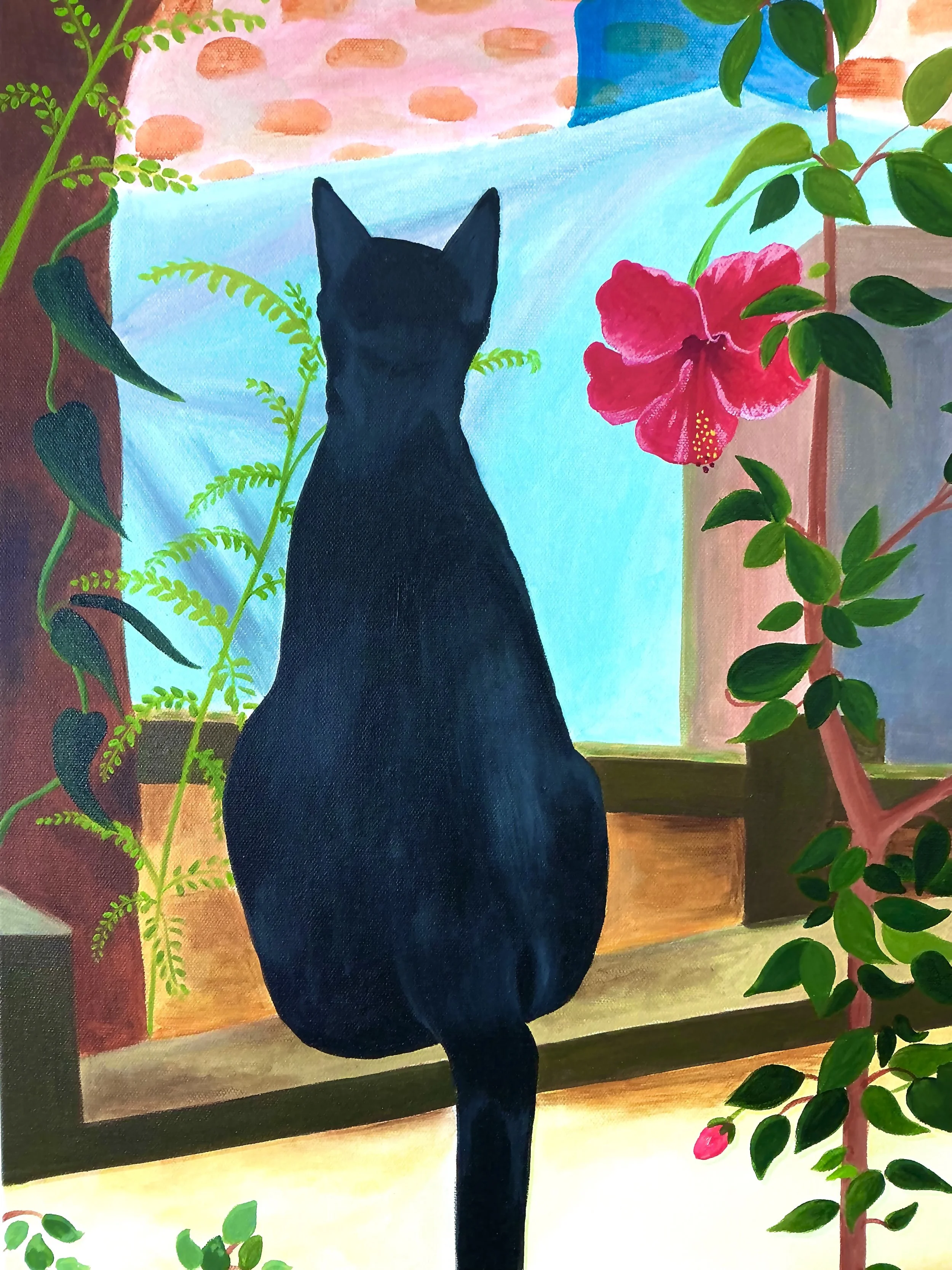 A black cat sitting on a windowsill, looking outside, surrounded by green plants and a pink hibiscus flower.