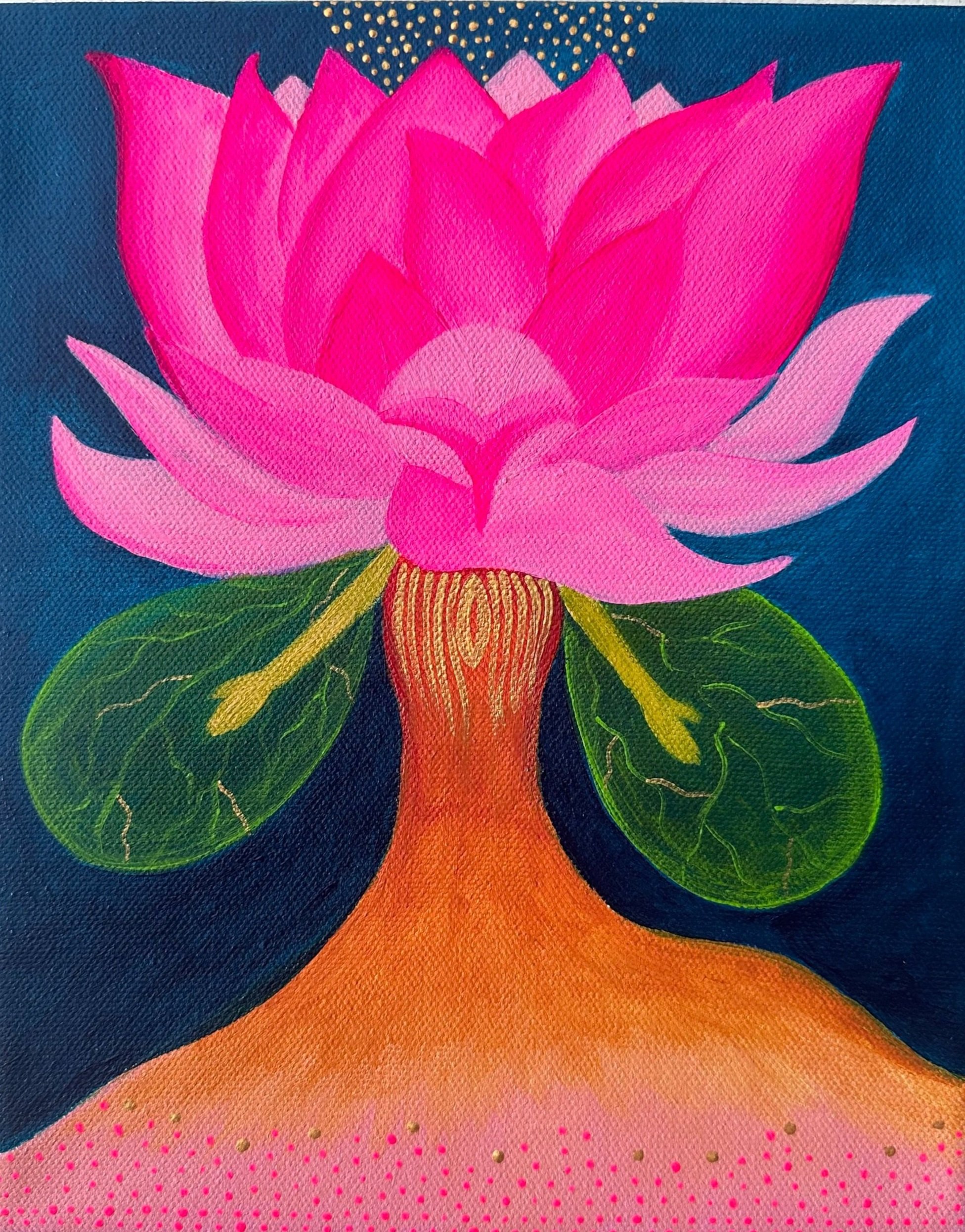 Painting of a pink lotus flower with green leaves and an orange stalk, set against a dark blue background with gold dots.