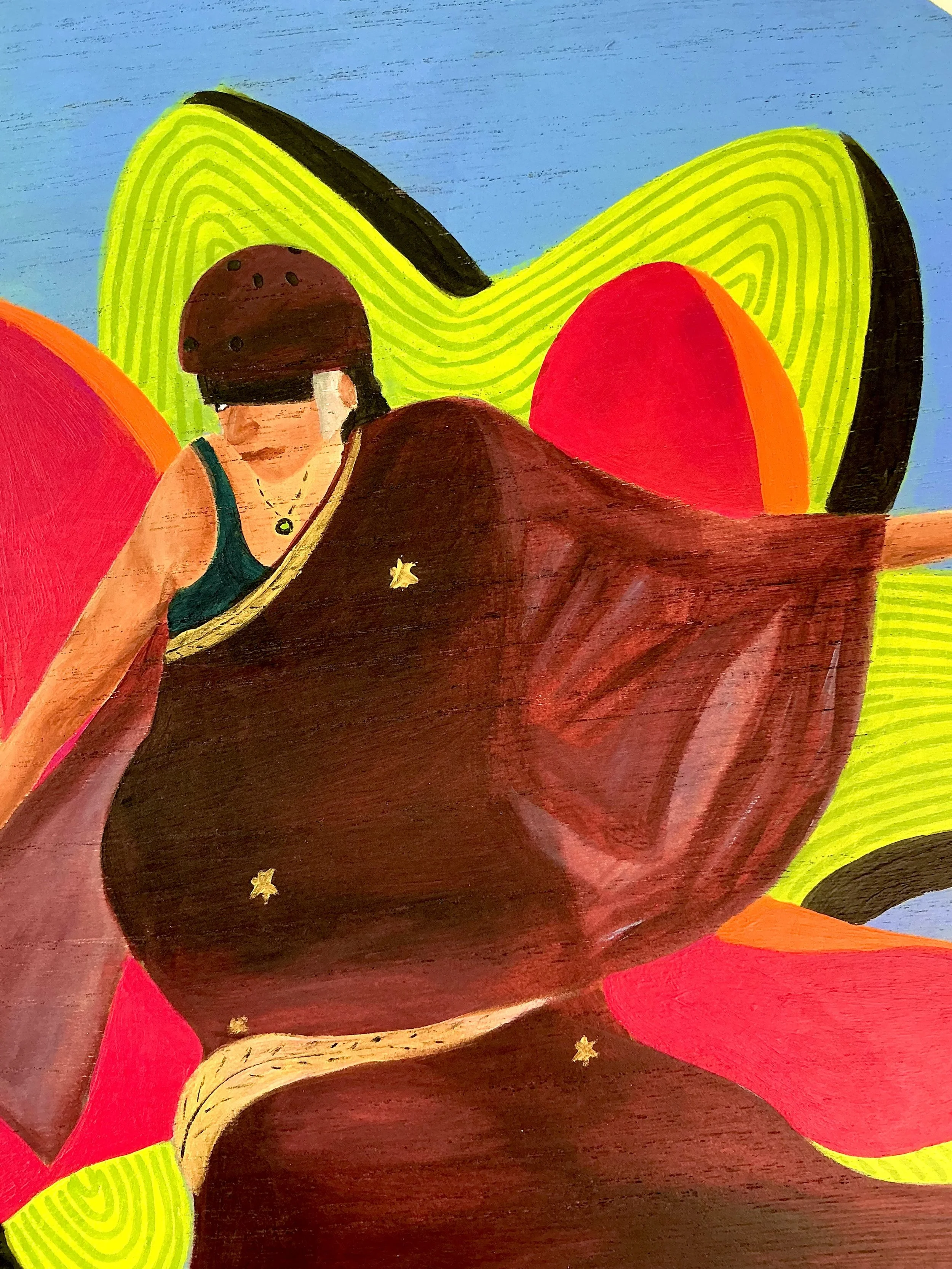 A painted abstract image of a woman in a black helmet, wearing a green and black outfit with a necklace, set against bright, curved, colorful shapes in green, red, pink, orange, and blue.