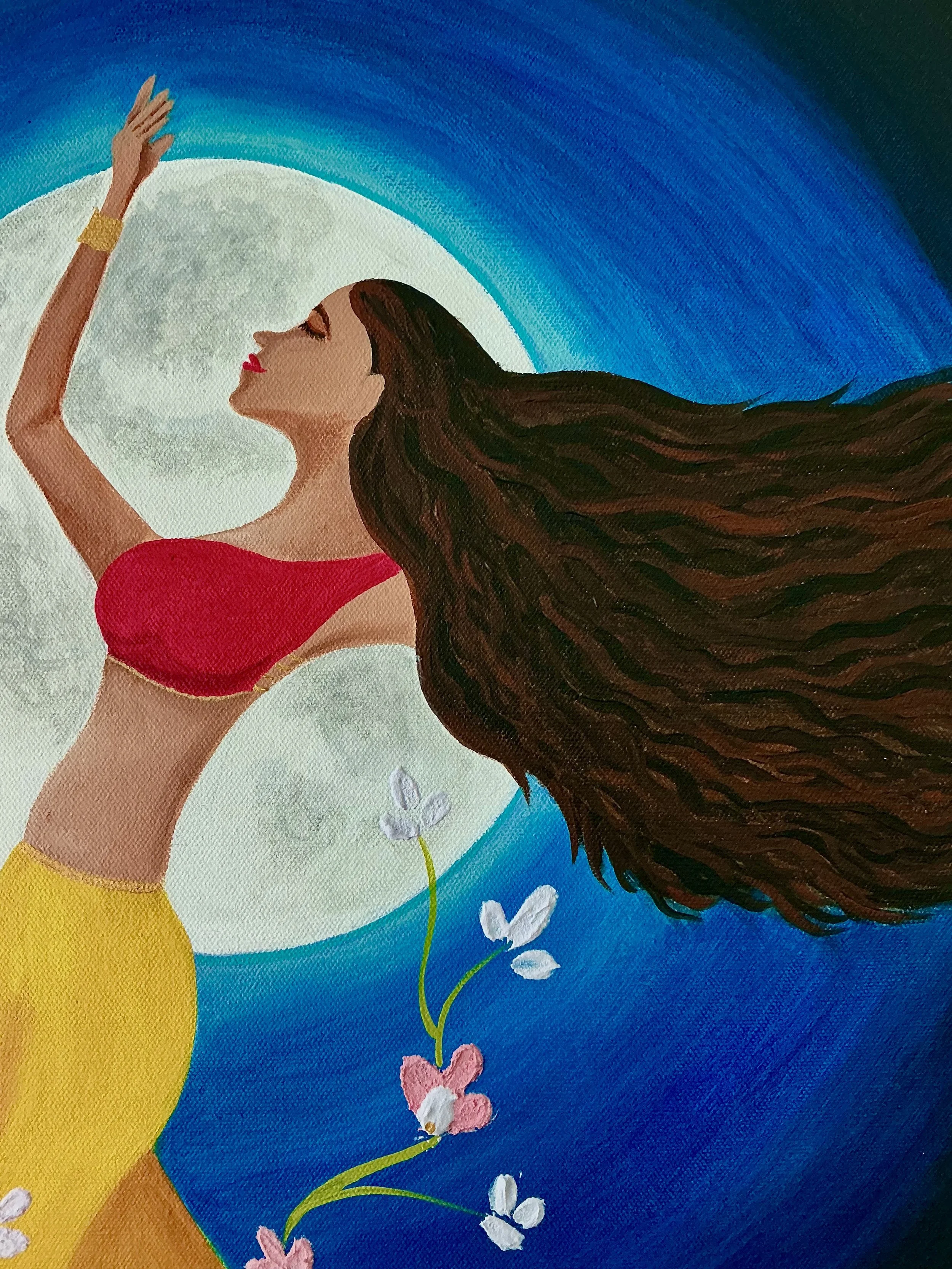 An artistic painting of a woman with long flowing hair, wearing a red top and yellow skirt, standing against a moonlit night sky with butterflies and flower motifs.