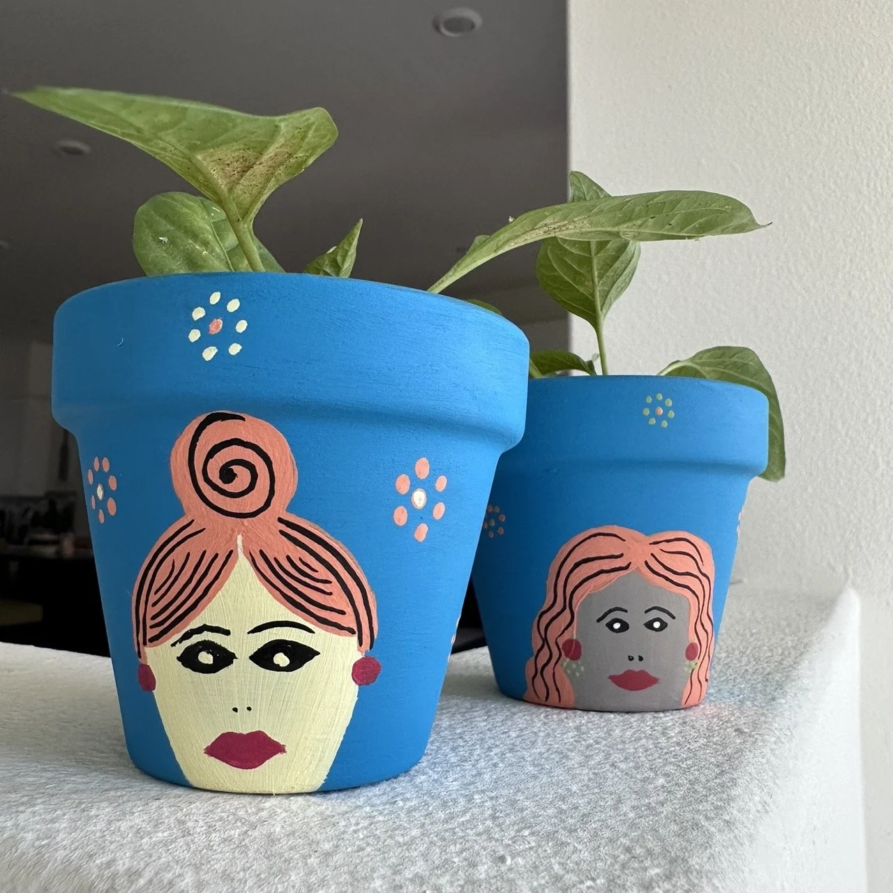 Two blue painted flower pots with colorful illustrations of women's faces on the front, each with green leafy plants inside, placed on a white surface against a neutral and dark background.