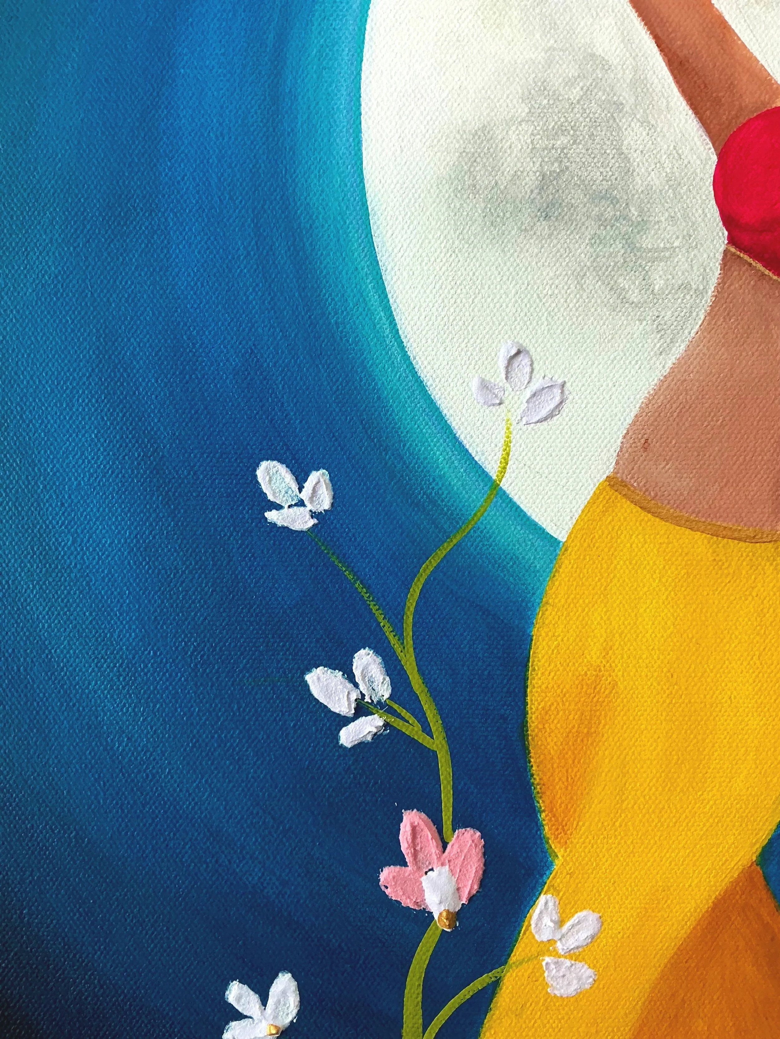 A colorful painting featuring a partial view of a figure, a full moon, a blue background, white flowers with pink and white petals, and a small butterfly.