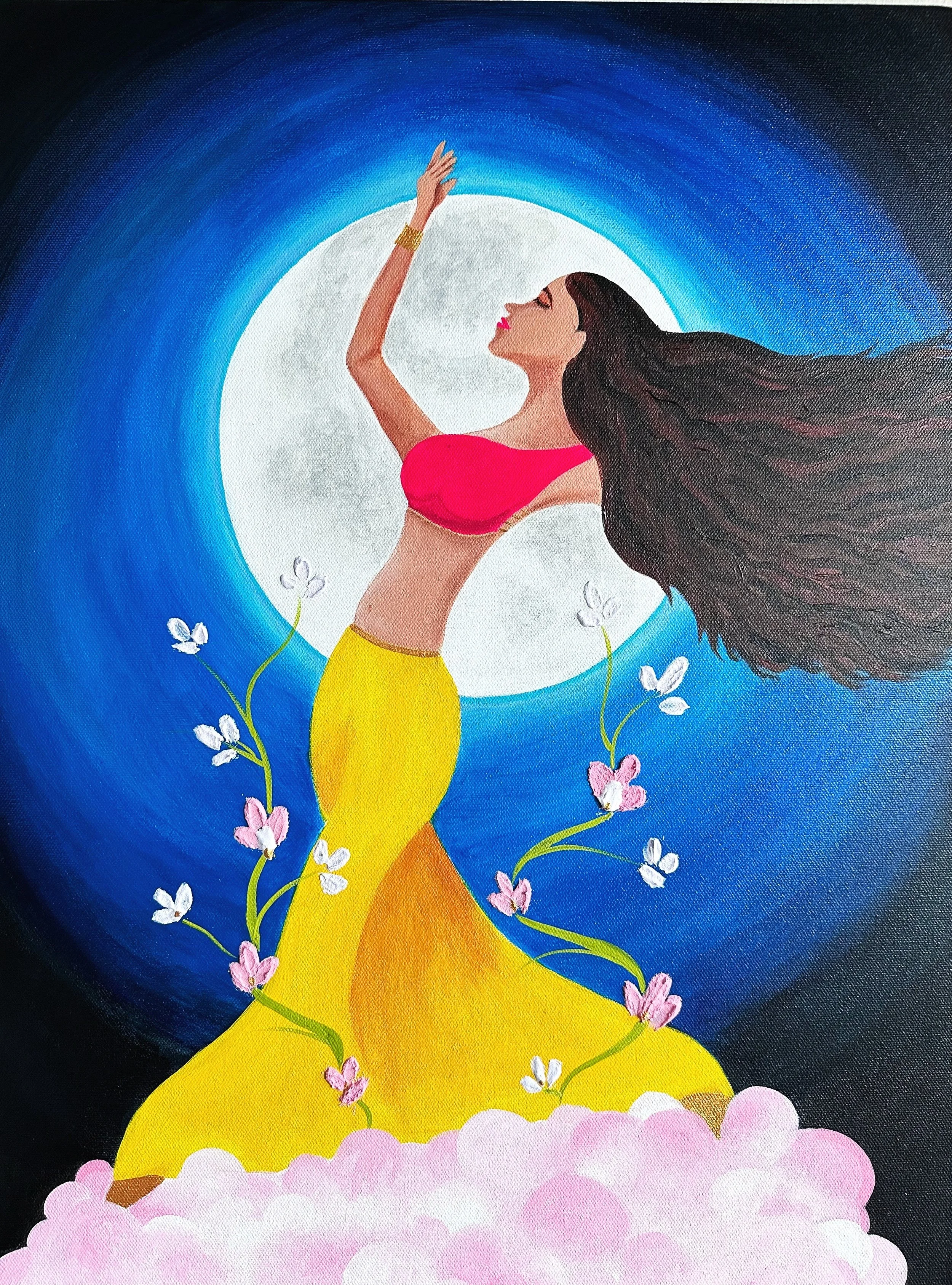 A woman with long dark hair wearing a pink top and yellow skirt, standing on pink clouds surrounded by white flowers, with a bright full moon behind her, and a deep blue sky.