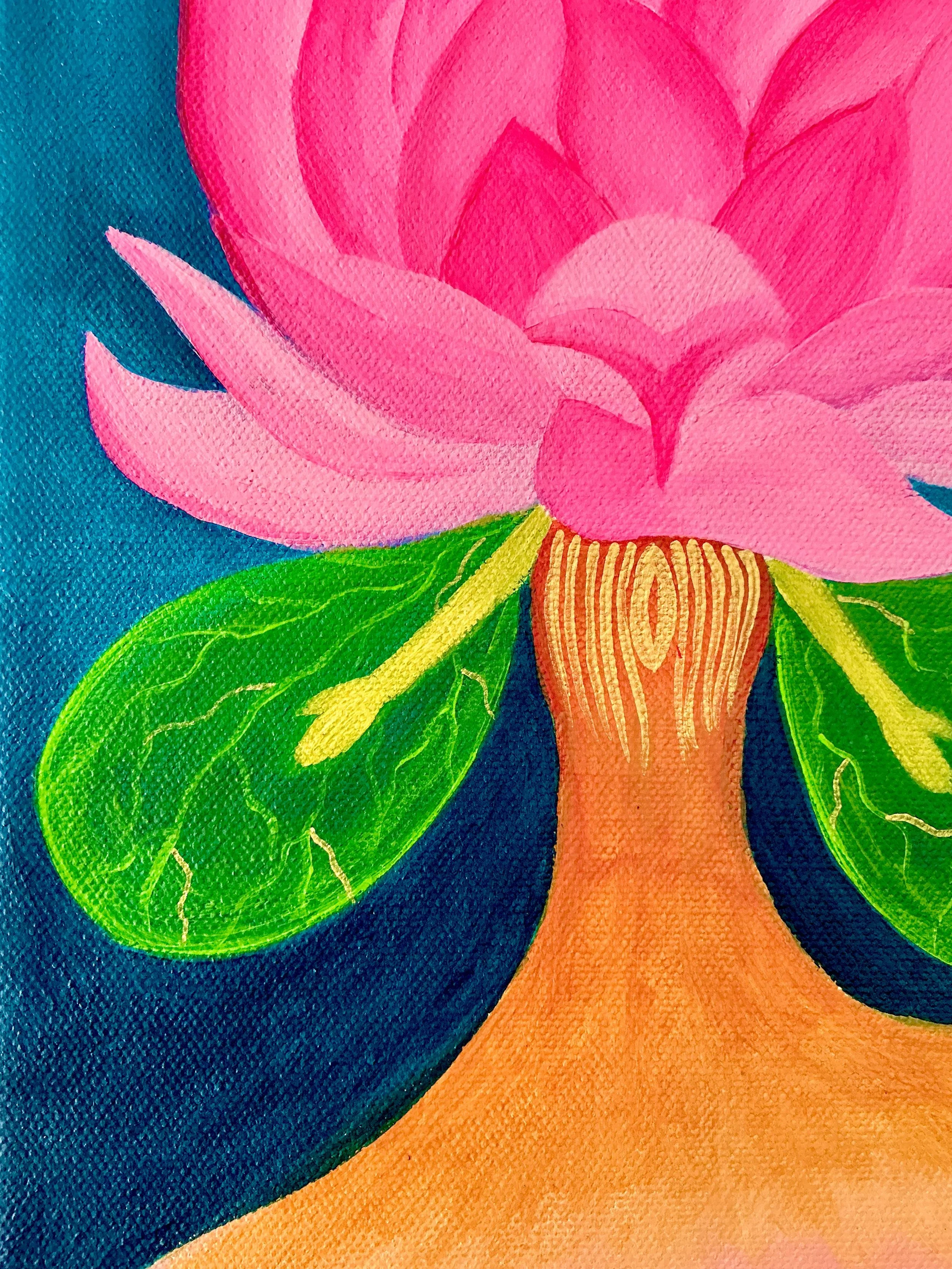 Colorful painting of a pink lotus flower with green leaves and an orange stem against a dark blue background.