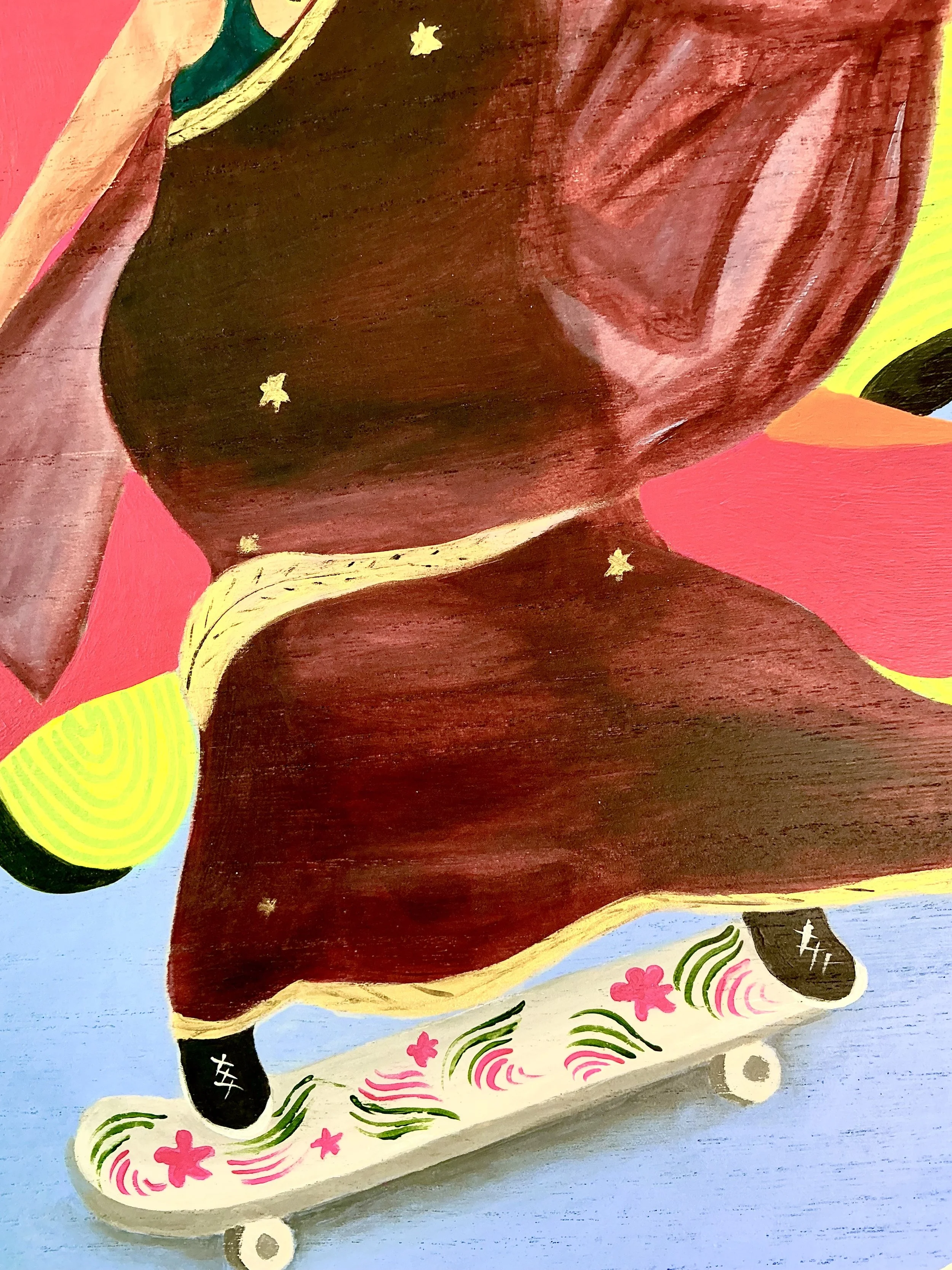Close-up of a colorful, abstract painting of a person wearing a brown dress and skating on a decorated skateboard with pink flowers and green swirling patterns, against a vibrant pink and blue background.