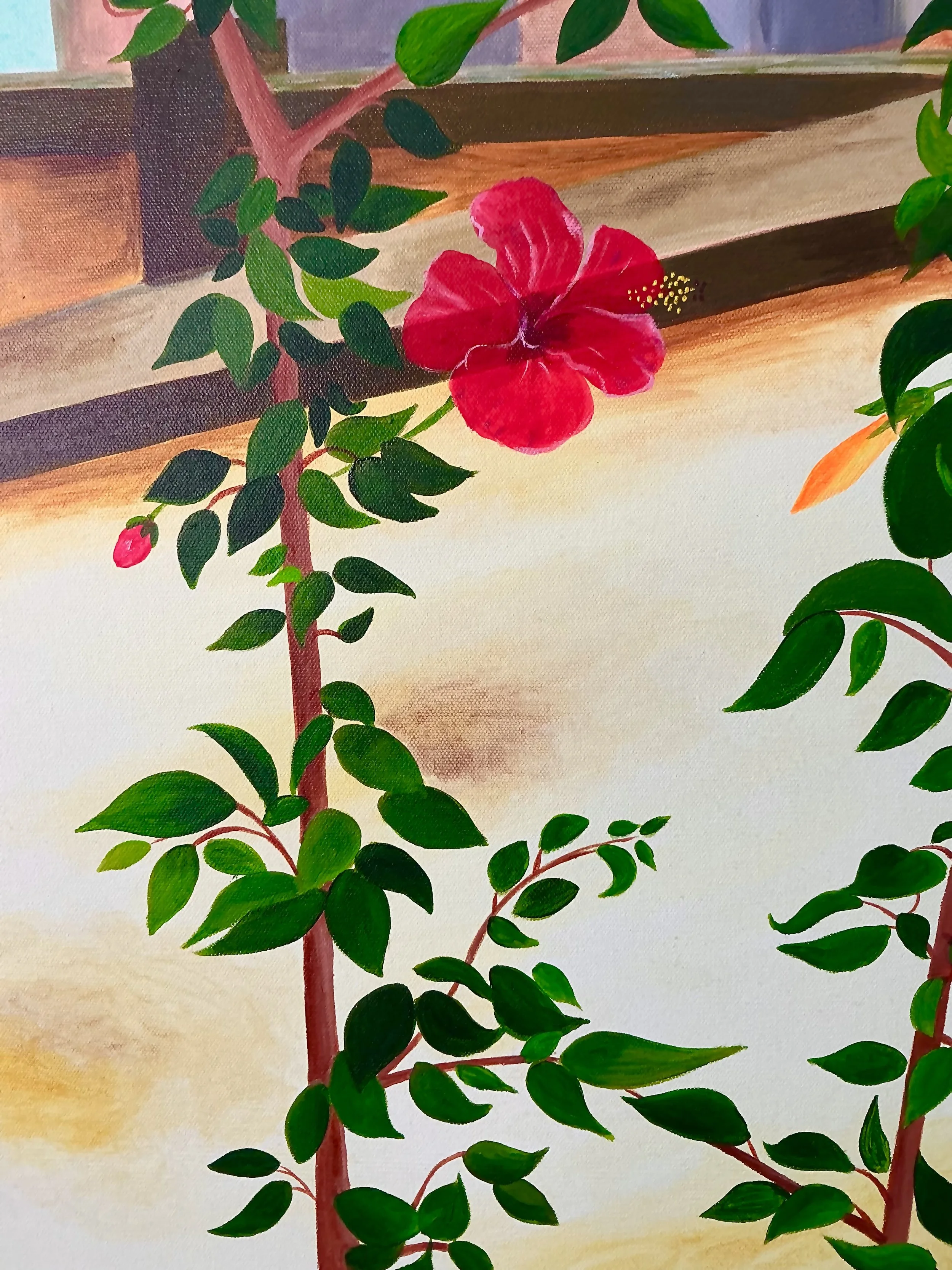 Close-up of a red hibiscus flower with green leaves on a painted background.