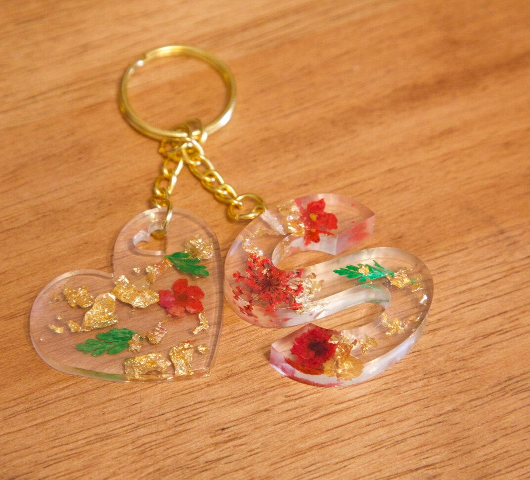 Resin Floral Initial Keychains Monogram Clay Hearts Real 