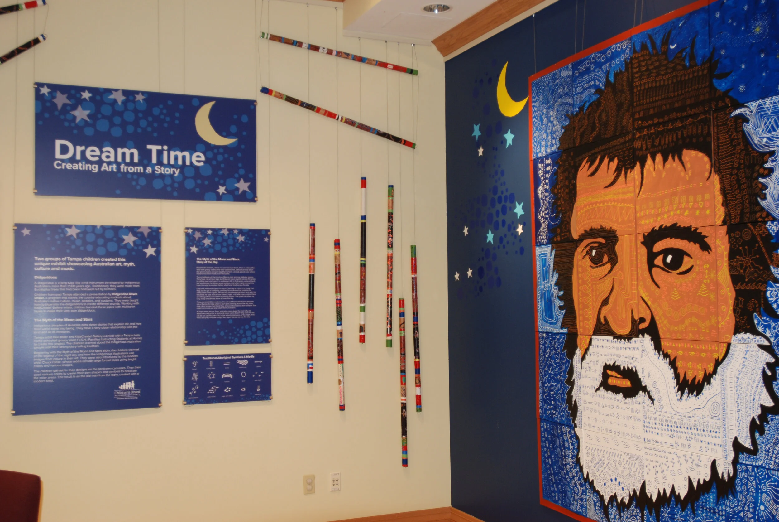 These panels represent the Dreaming, the other world of the Aboriginals in Australia. In collaboration with Polly Allen at the Children's Board of Hillsborough County.