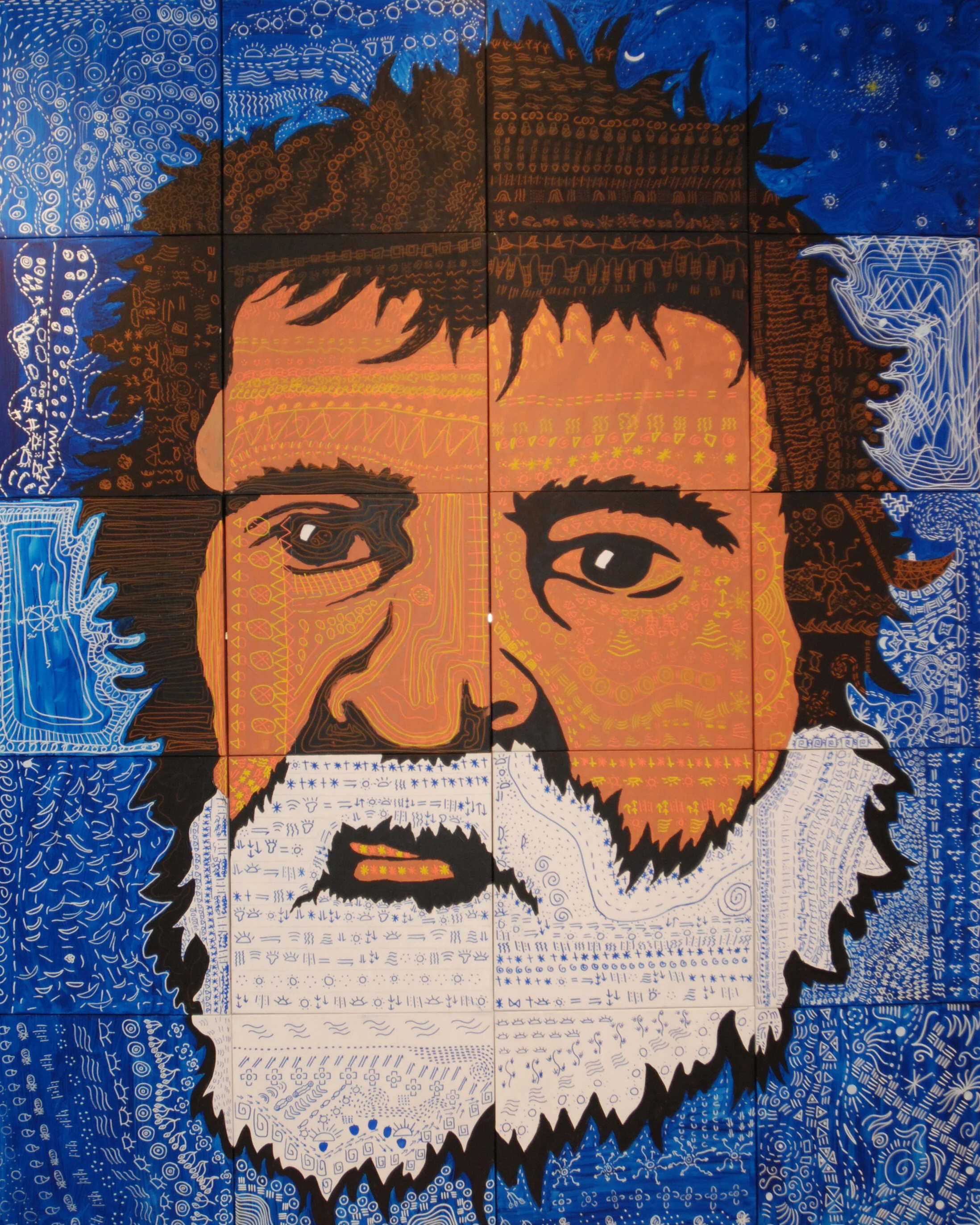 The students who worked on this project were from a home schooled group. We learned about the different symbols of the Aboriginals and then used those symbols in decorating the panels to create the face.