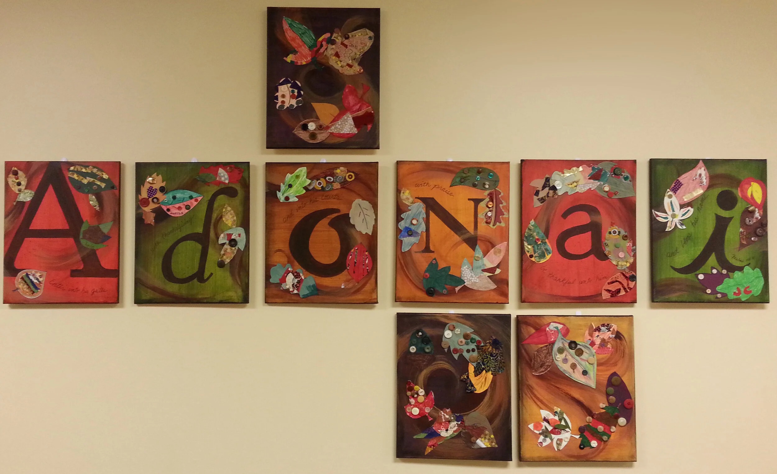 Adonai, Hebrew for Lord. It is inscribed with a Thanksgiving Blessing through the panels and were created with the Special Needs Adults of St. James UMC.
