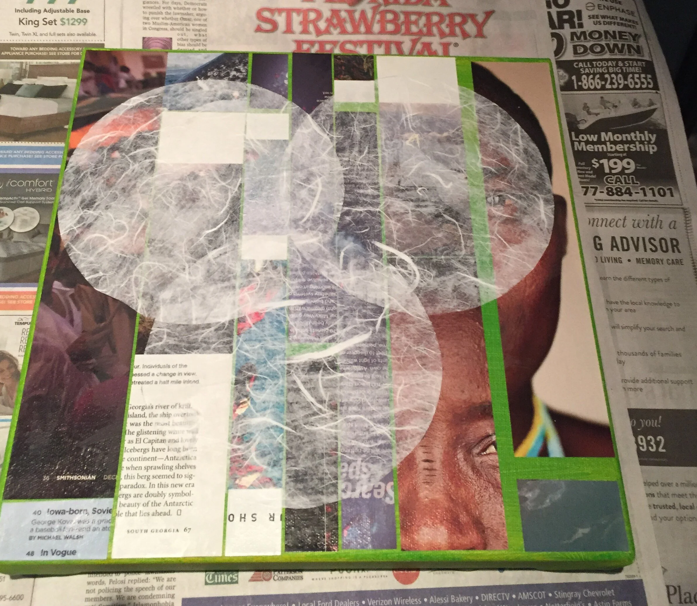 I use rice paper to cover the area where the image will be. More circles are added in the piece as needed to create a favorable composition.