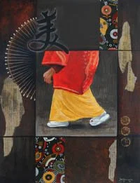 This was painted as a collage using a photo I took in the Edo section of Tokyo. The paper is washy paper and Japanese newspaper.