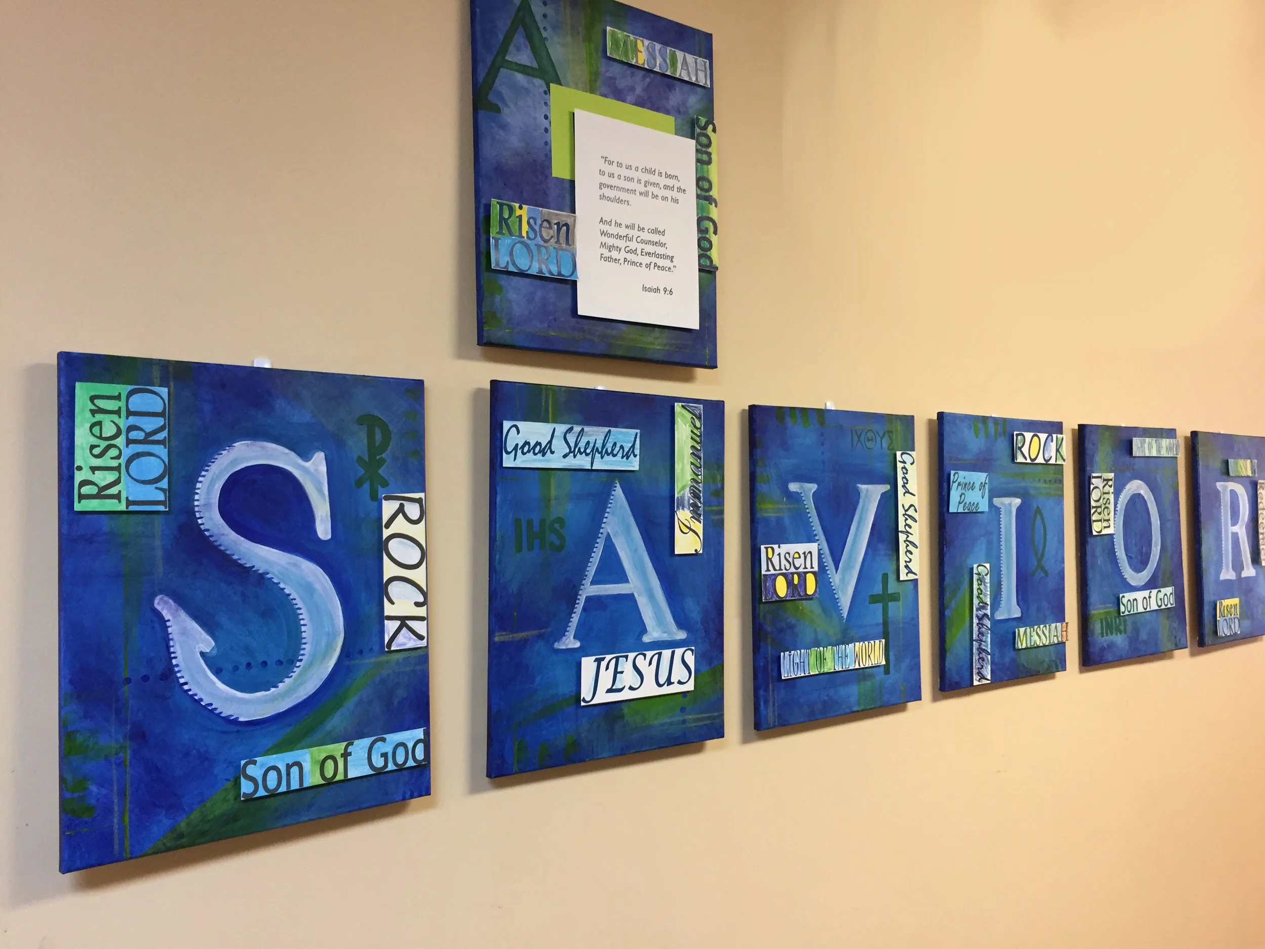 This project had the adults with special needs hand decorate various names of Jesus which were then incorporated into the canvases.