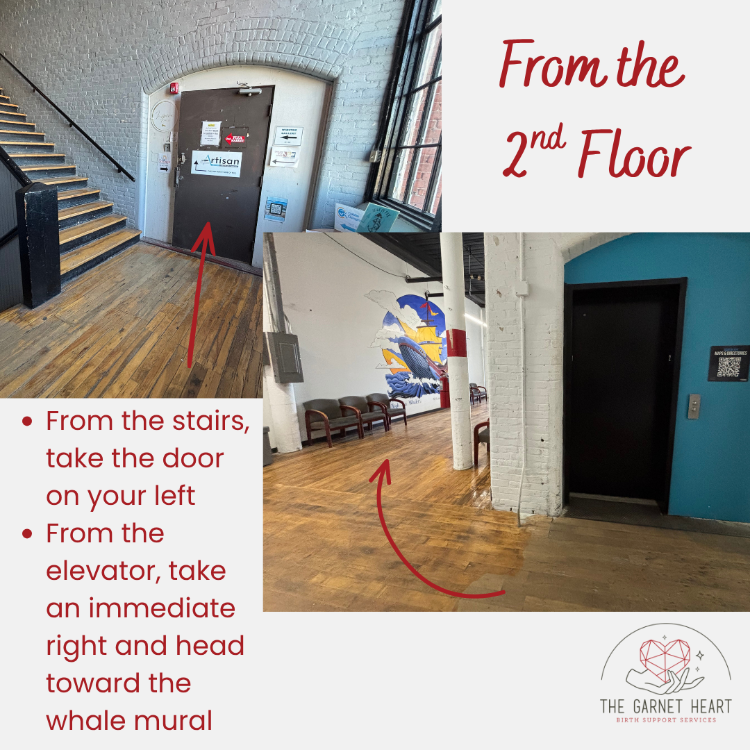 2 photos showing next step of directions from stairs or elevator to get to The Garnet Heart office space. From stairs, take the door on the left. From elevator, take your first right and head towards the whale mural