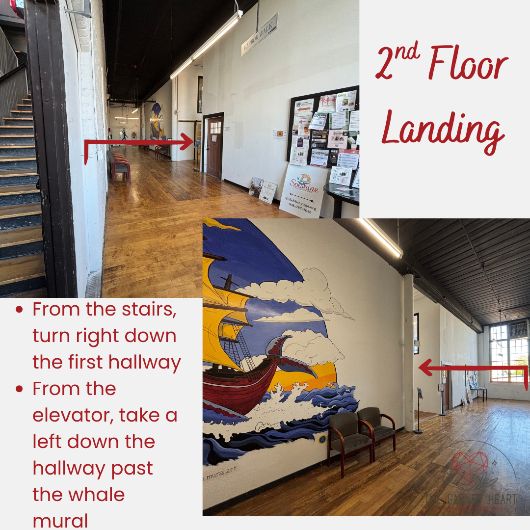 2 photos showing next step in directions to get to The Garnet Heart office. From stairs, turn right down first hallway. From elevator, take a left down hallway past the whale mural