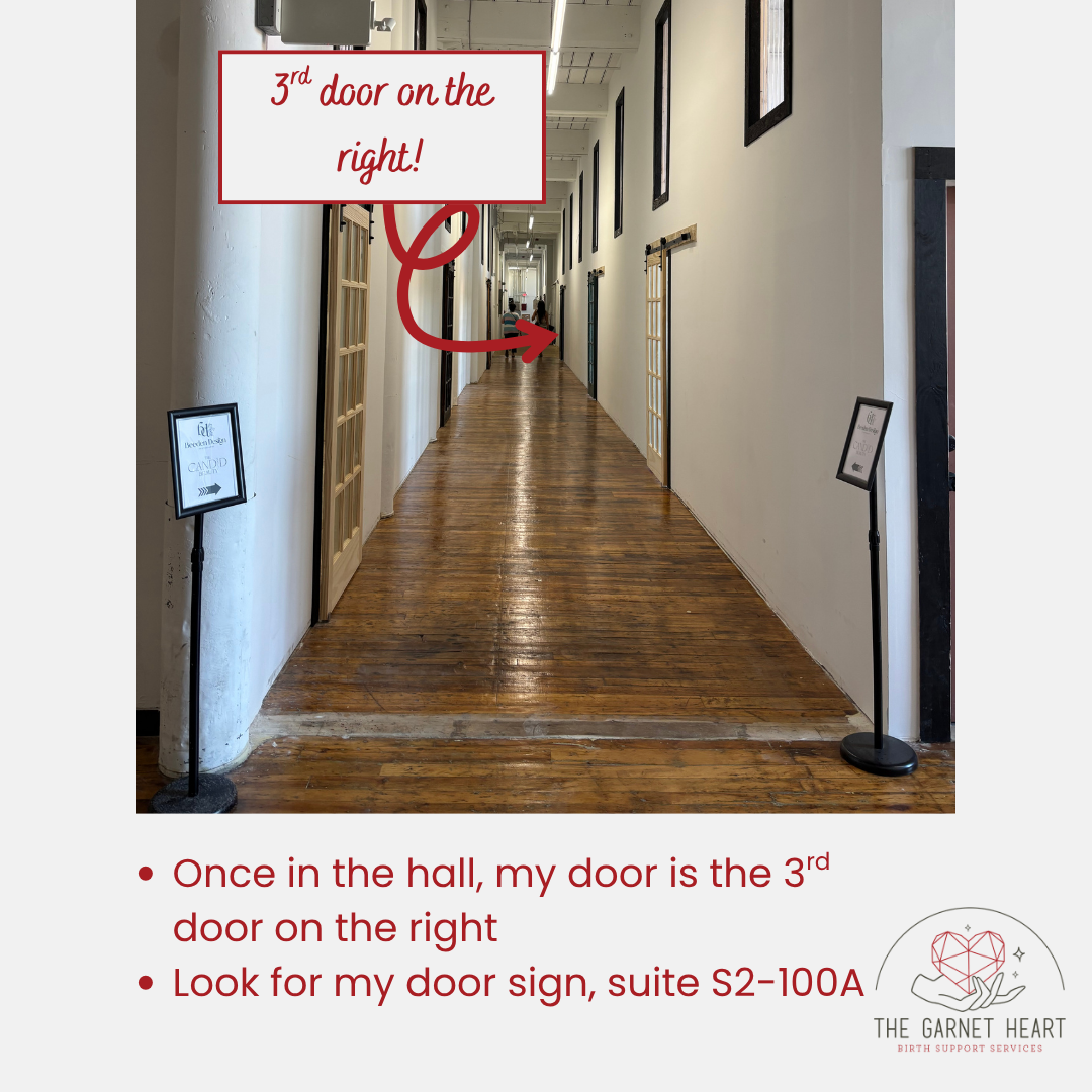 Photo of hallway to get to The Garnet Heart office. Once in the hallway, the door is the 3rd one on the right. Look for door sign The Garnet Heart, Suite S2-100A.