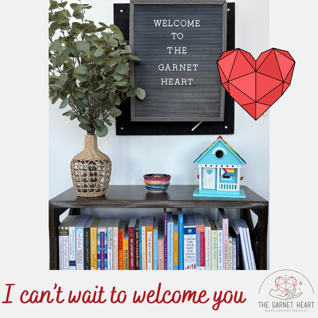 Image of Welcome to The Garnet Heart sign and bookshelf full of pregnancy, birth, and parenting books. On top of the bookshelf there is a potted plant, rainbow ceramic bowl, and a birdhouse decorated in Pride decor