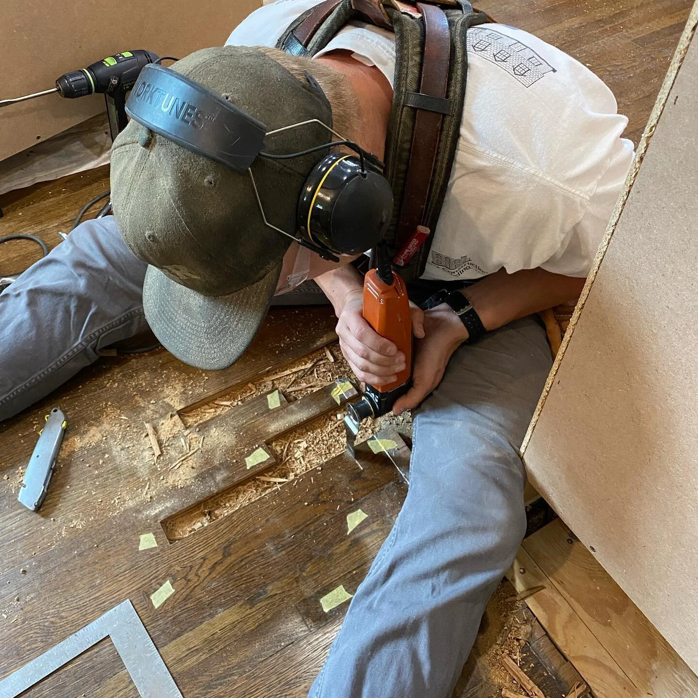 After opening up a kitchen and dining area we were left with quite the patching job for the 1.5” white oak flooring, we saved plenty of pieces from a previous project at this house and now it’s time to make use of them and piece/tooth in